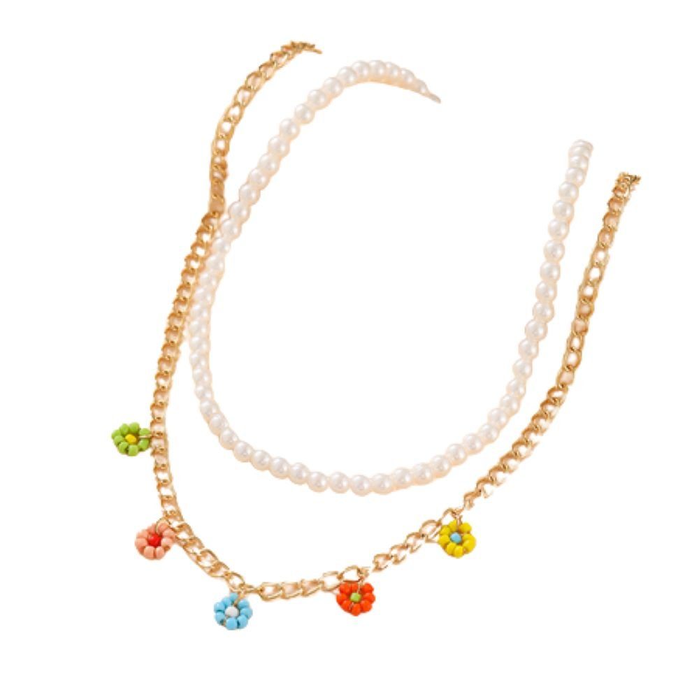 BUNGSA Goldkette Perlenkette Boho Doppelkette bunte Blüten aus Messing Damen (2-tlg), Halskette Necklace