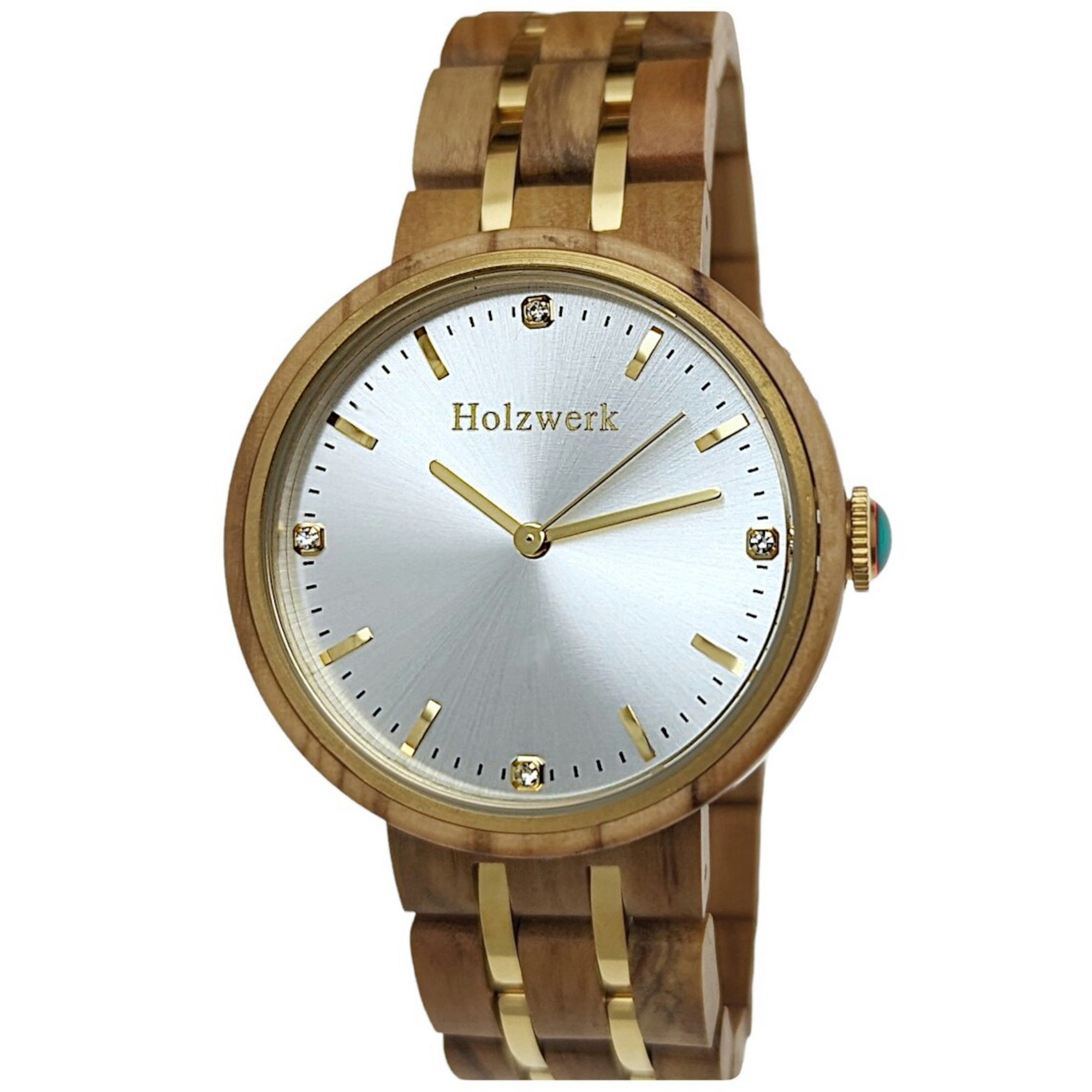 Holzwerk Quarzuhr Edle Damen Strass Holz Armband Uhr, inklusive Armbandkürzer, Ideal auch als Geschenk mit Uhrenbox