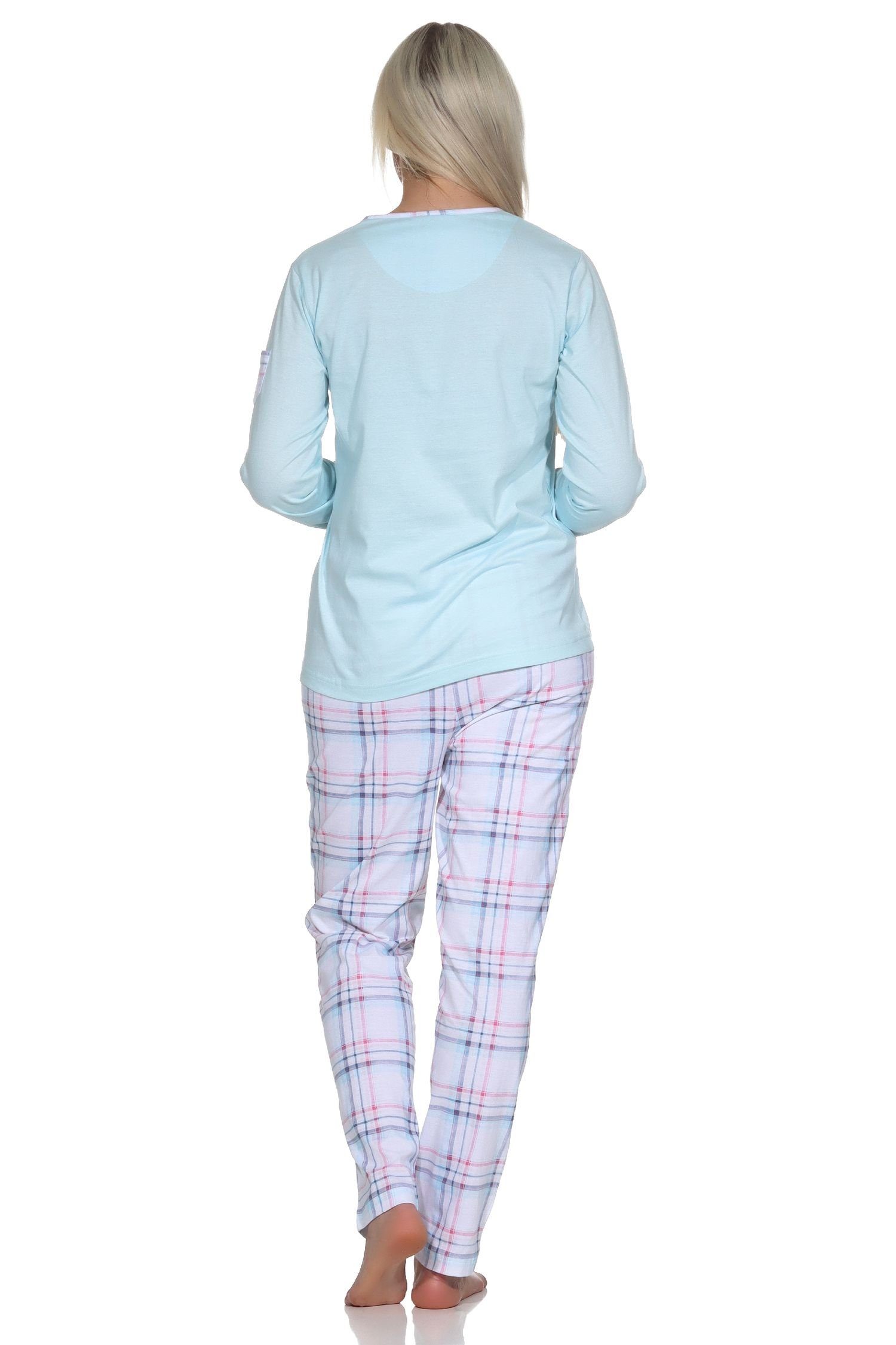 hellblau langarm mit karierter Pyjama Damen Jersey aus Hose Normann Schlafanzug Pyjama