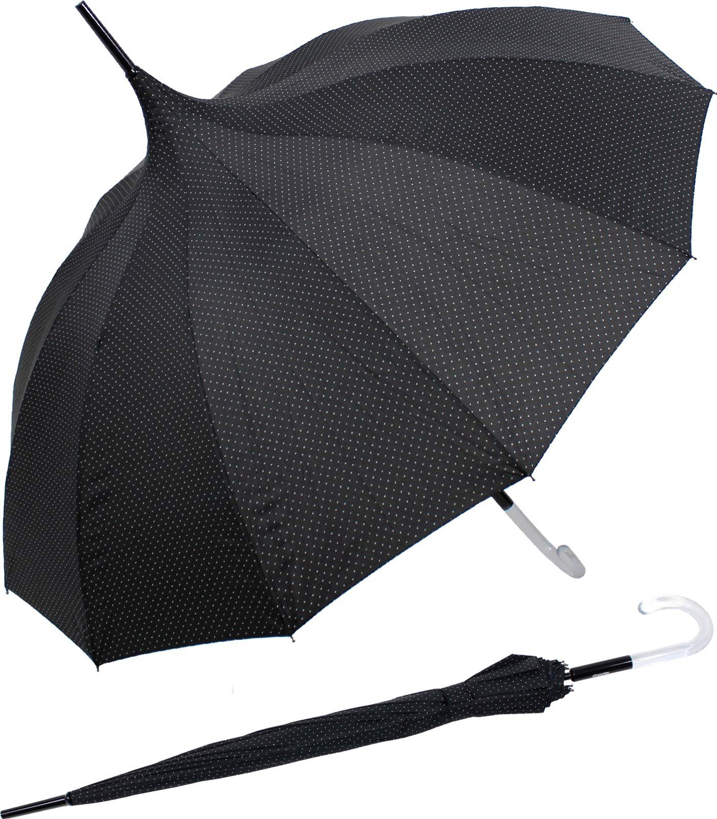 doppler® Langregenschirm auffällig geformter Damenschirm mit Auf-Automatik, elegante Pagodenform mit dezenten Punkten schwarz