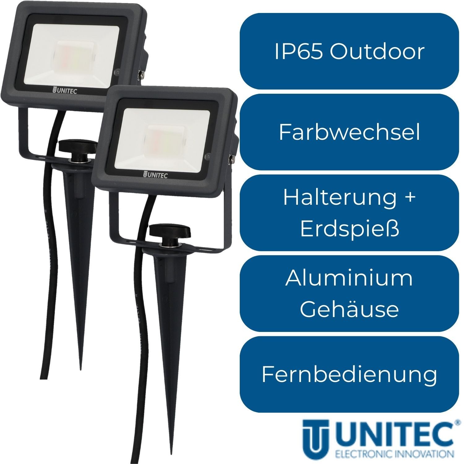 UNITEC LED Gartenstrahler 4x LED Strahler mit Erdspieß farbig Gartenlampe, LED fest eingebaut, Farbwechsler, Außenleuchte Outdoor IP65 Fernbedienung Gartenstrah – Bild 4 von 5