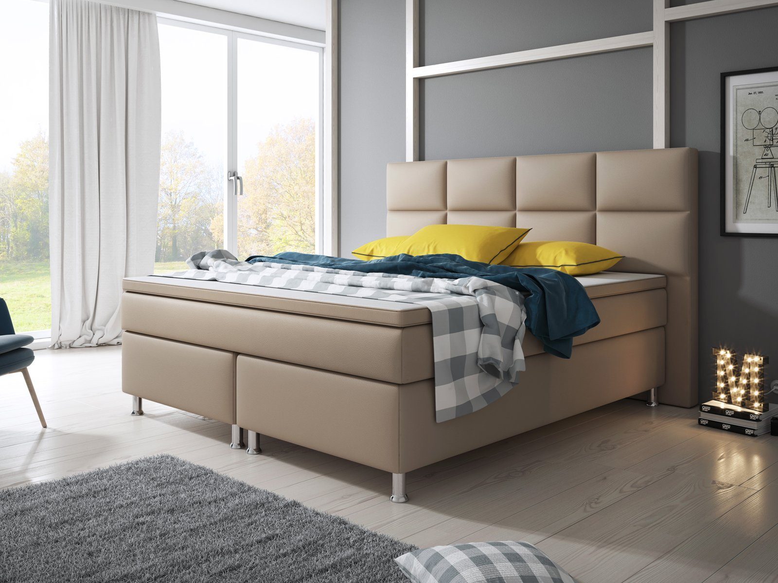 inter Boxspringbett Miami 180x200 cm Kunstleder mit 7-Zonen TFK und Topper (180x200 cm, Muddy mit 7 Zonen Taschenfederkernmatratzen und Topper), Boxspringbett, Hotelkomfort, Mit Topper, Tonnentaschenfederkern
