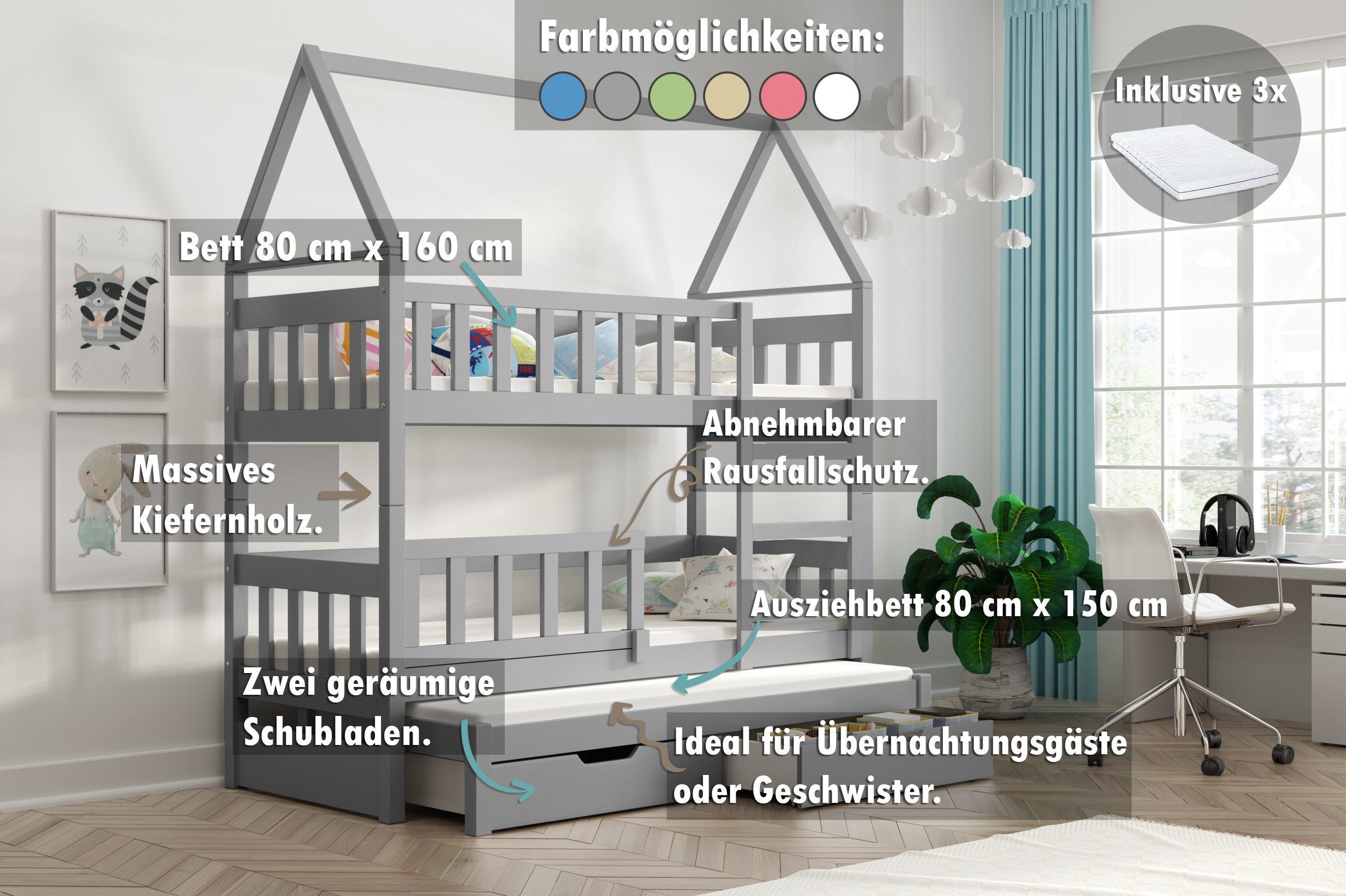 thematys Hochbett mit abnehmbaren Rausfallschutz Haus günstig online kaufen