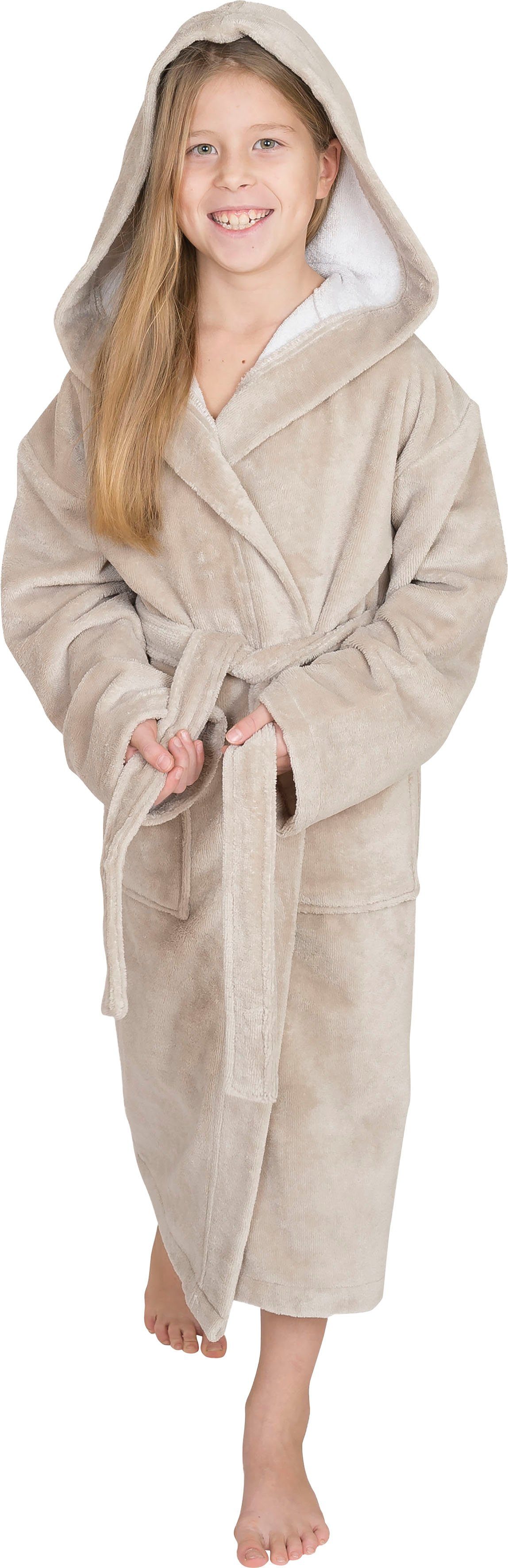 Wewo fashion Kinderbademantel 8521, Langform, Baumwoll-Mix, Kapuze, Gürtel, für Mädchen & Jungen, Soft Touch Qualität stone | Bademäntel