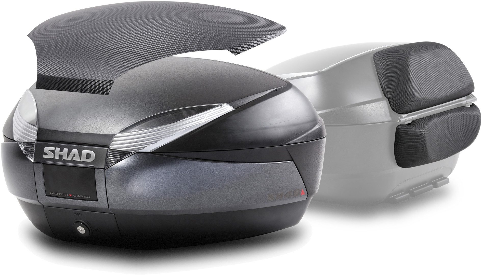 SHAD Handgepäck-Topcase SH48 Dark Grey Topcase Set + Carbon Cover + Rückenlehne, Wasserdicht