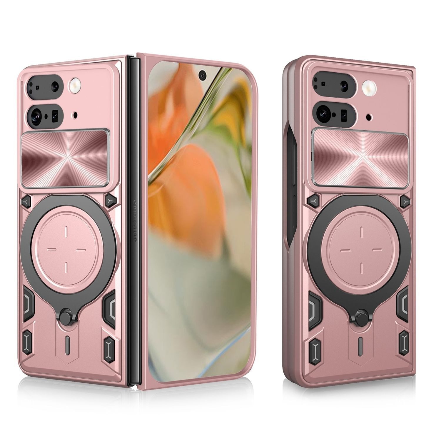 Wigento Handyhülle Für Google Pixel 9 Pro Fold Sliding Kamera Hybrid Ring Hülle Case Rosa, CD Texture, Schiebekameraabdeckung, Magnetischer Halter