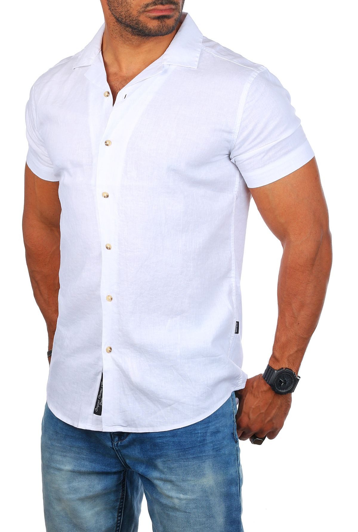 CARISMA Kurzarmhemd Herren Leinen Baumwoll Mix Casual Hemd 9212 Regular Kurzarm Kentkragen Uni – Bild 3 von 5