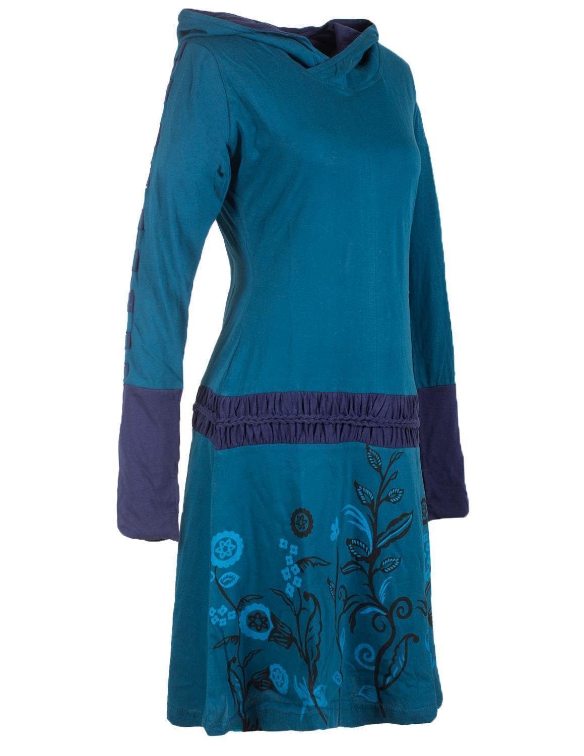 geknüpftem Jerseykleid Boho, Blumen Elfen mit Ethno, Kleid Kapuze Gürtel türkis Style und Vishes Goa,