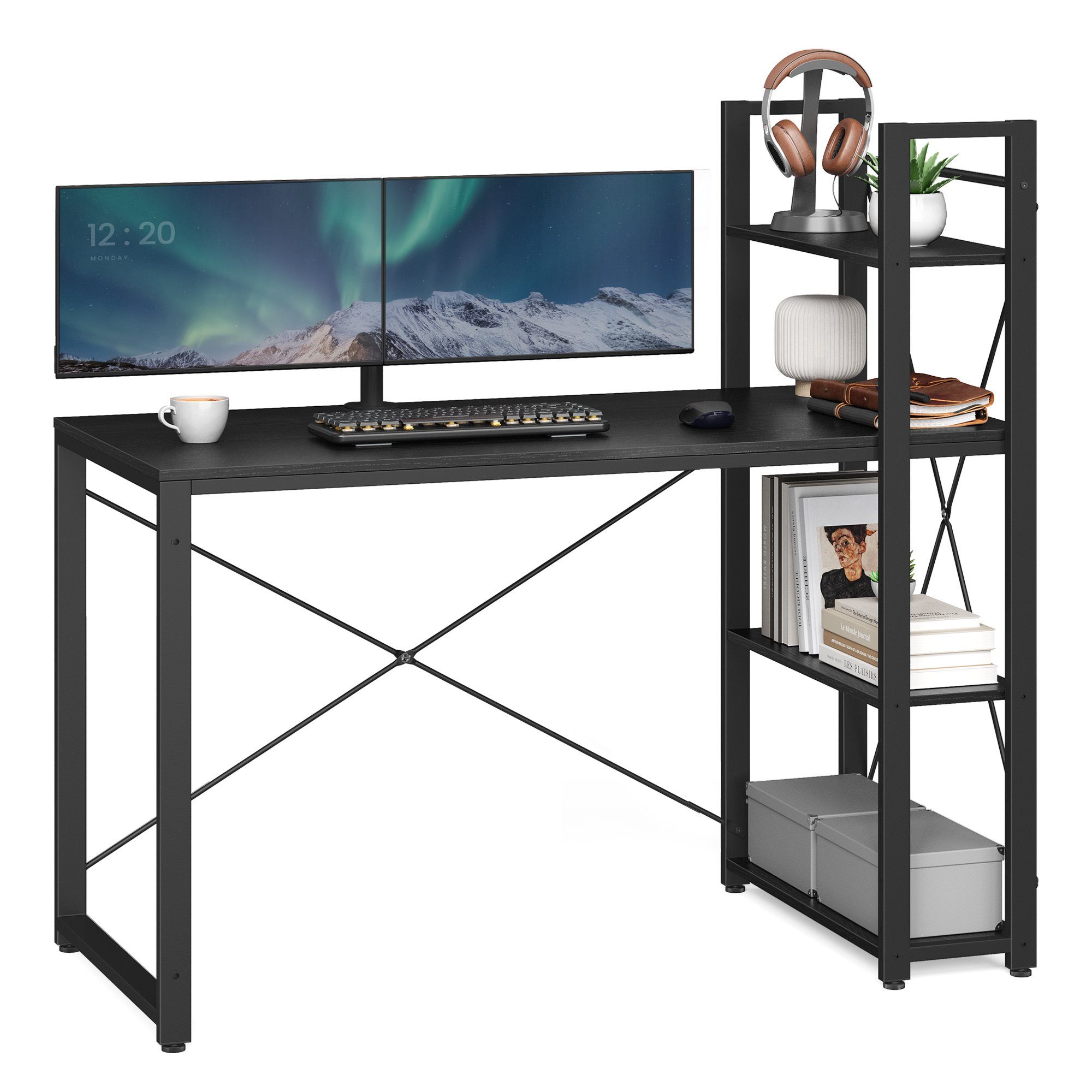 VASAGLE Schreibtisch Computertisch, 120cm mit Regalböden rechts oder links schwarz | schwarz