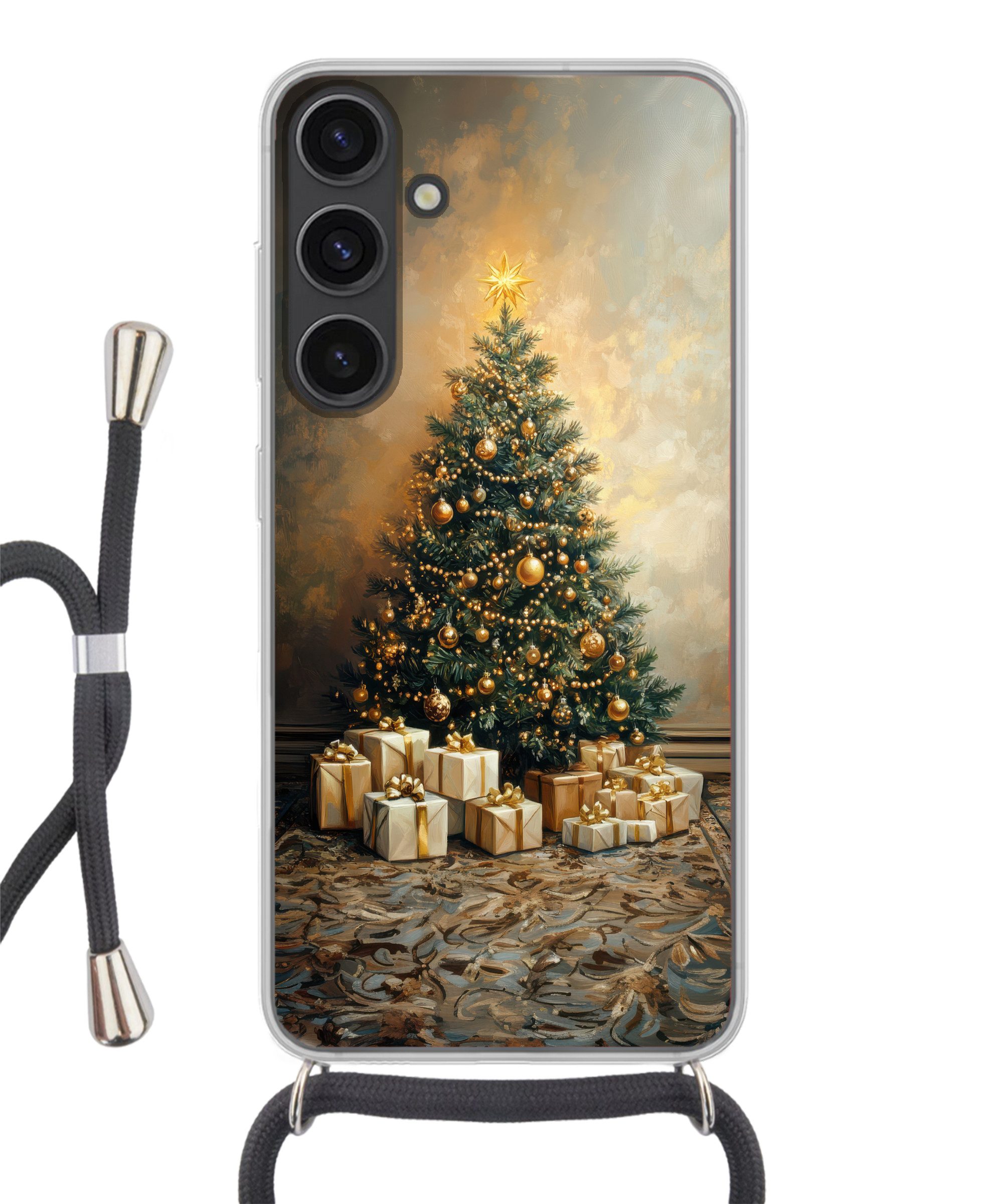 MuchoWow Handyhülle für Samsung Galaxy S24 Plus Weihnachtsbaum - Geschenke - Gold, Tragbare Handyhüllen mit Kette zum umhängen, Handykette Handyband