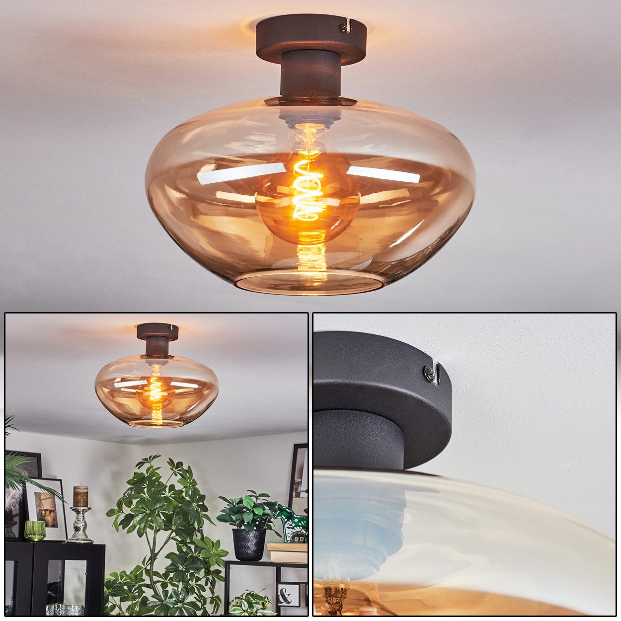 hofstein Deckenleuchte Deckenlampe aus Metall/Glas in Schwarz/Bernsteinfarb günstig online kaufen