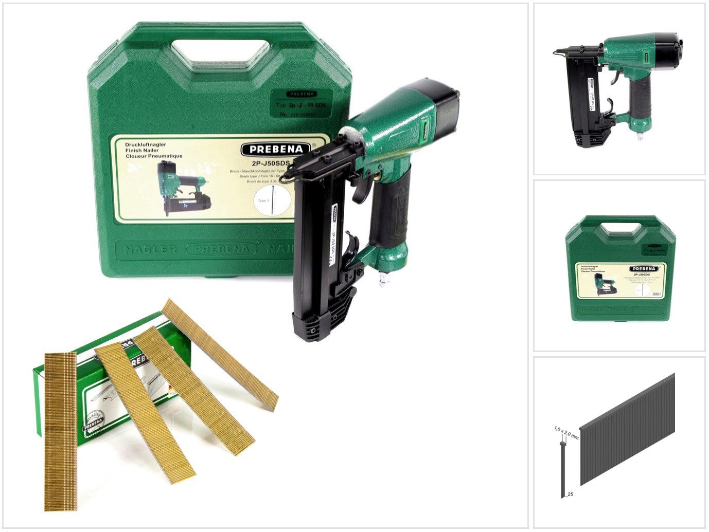 Prebena Druckluft-Nagler 2P-J50SDS Luftdruck Druckluftnagler 5-7 bar im Transportkoffer + Preb