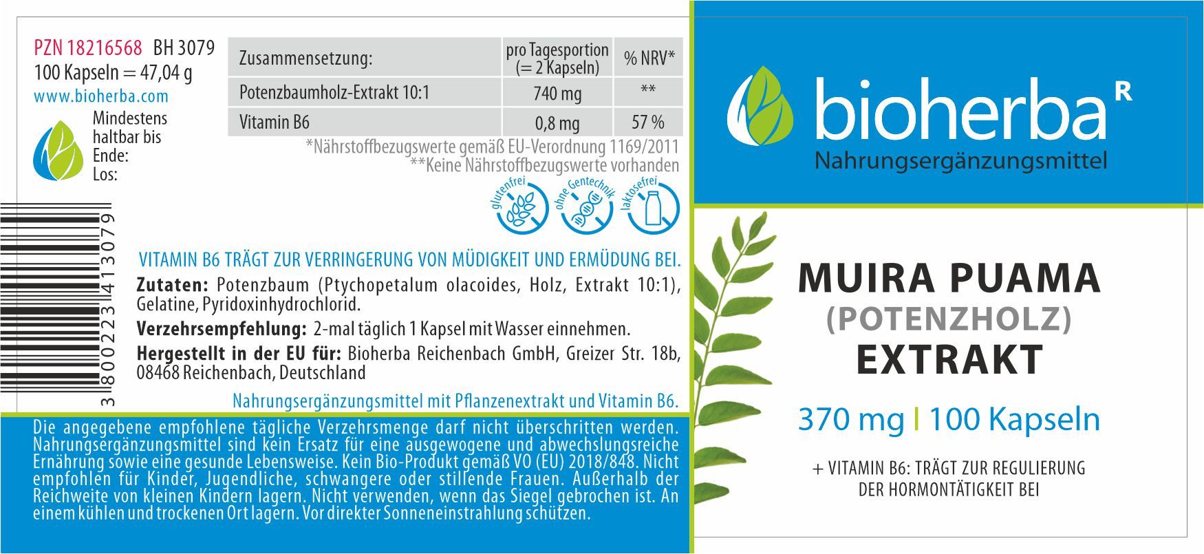 BIOHERBA R Bioherba Muira Puama (Potenzholz) Extrakt 370 mg 100 Kapseln Nahrungsergänzungsmittel, 1 er