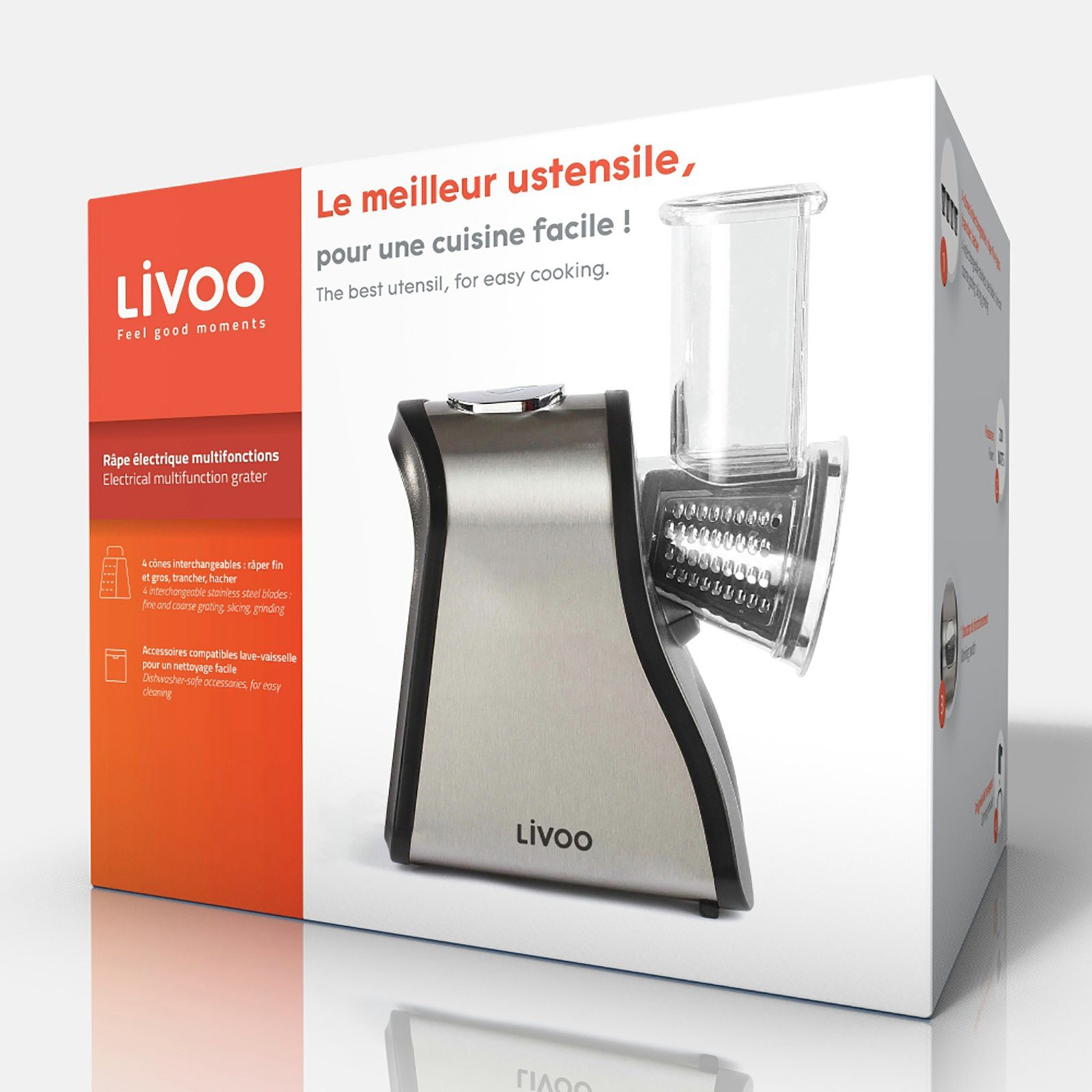 LIVOO Multifunktionsreibe LIVOO 200 Küchenmaschine 4 Watt Küchenreibe Edelstahl Aufsätze