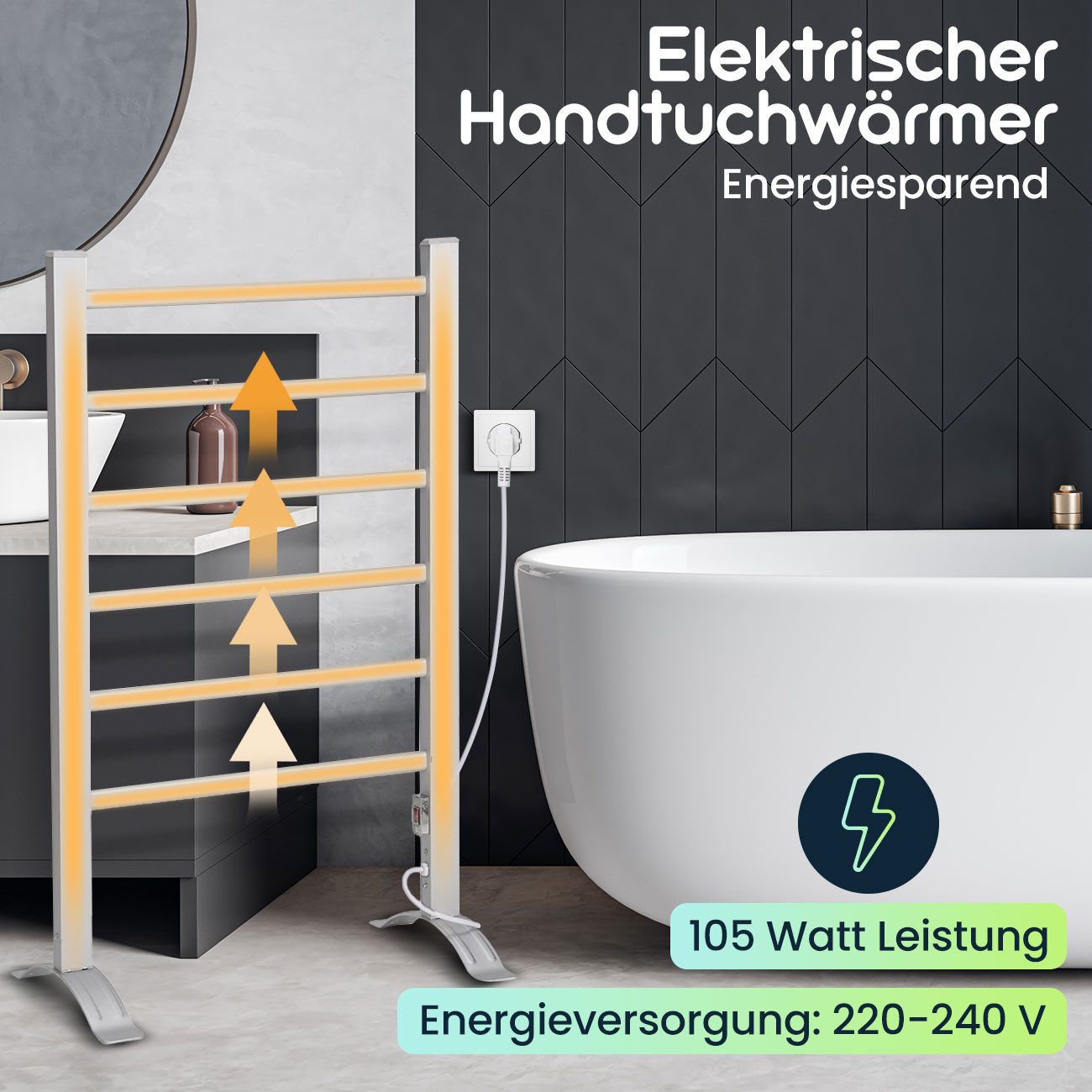 shop'n smile ideoon Heizkörper Elektrischer Handtuchtrockner freistehend 105W Handtuchwärmer IP44, 2-in-1 (Wand/Stand), 105W, IP44, Aluminium, 220–240V, platzsp – Bild 5 von 5