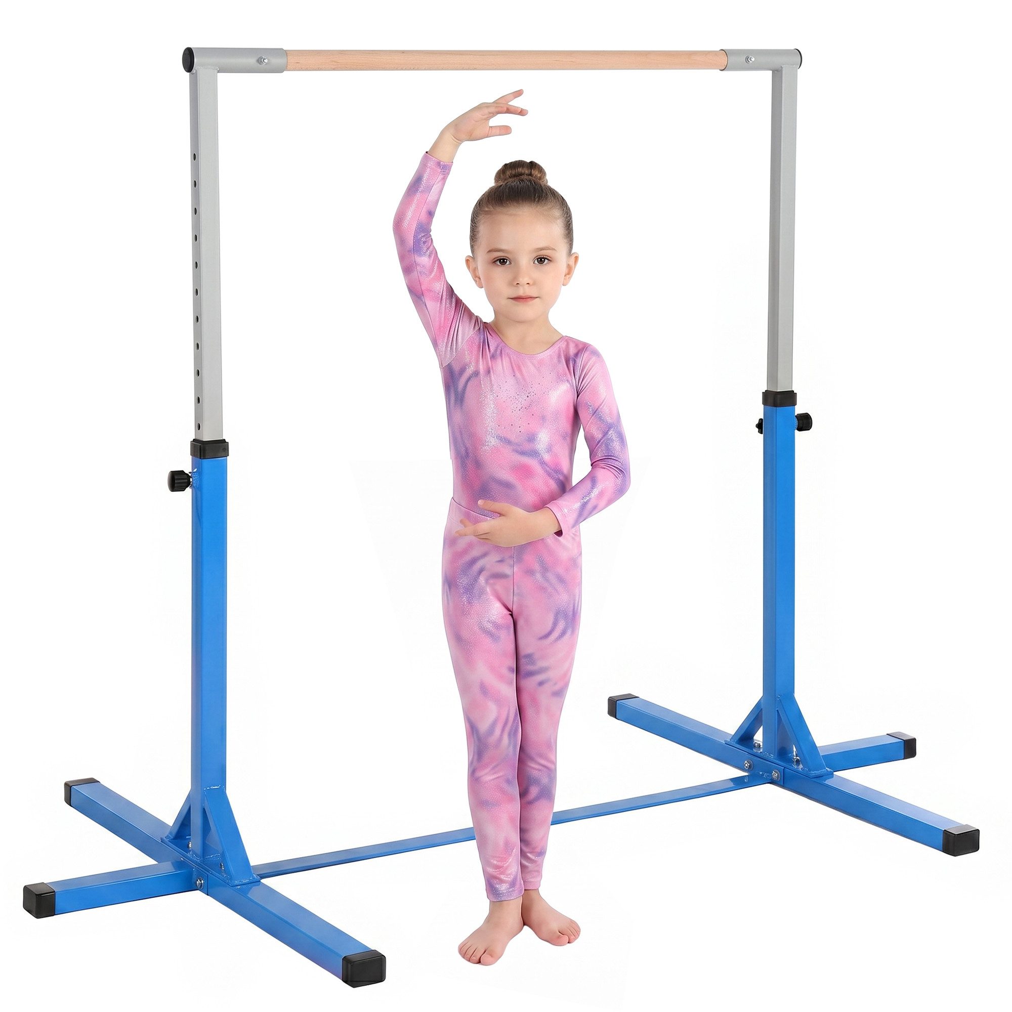HOMCOM Turnreck Gymnastikstange höhenverstellbar Stahlkonstruktion bis 75 kg, (höhenverstellbar Turnstangen, 1-St., Trainingsgeräte Stahl), Buchenholz Blau