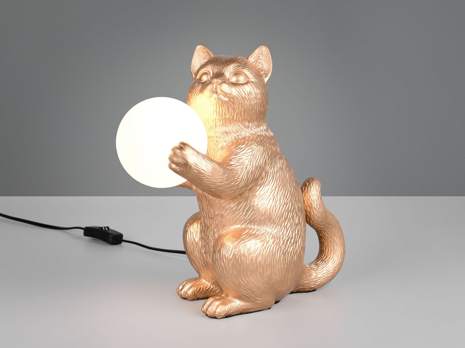Reality Leuchten LED Nachttischlampe Katzenlampe mit Kugel, Höhe 30cm, Dimmfunktion, LED wechselbar, warmweiß, besondere außergewöhnlich-e Tischlampe ausgefallen-e Tierlampe Gold-en