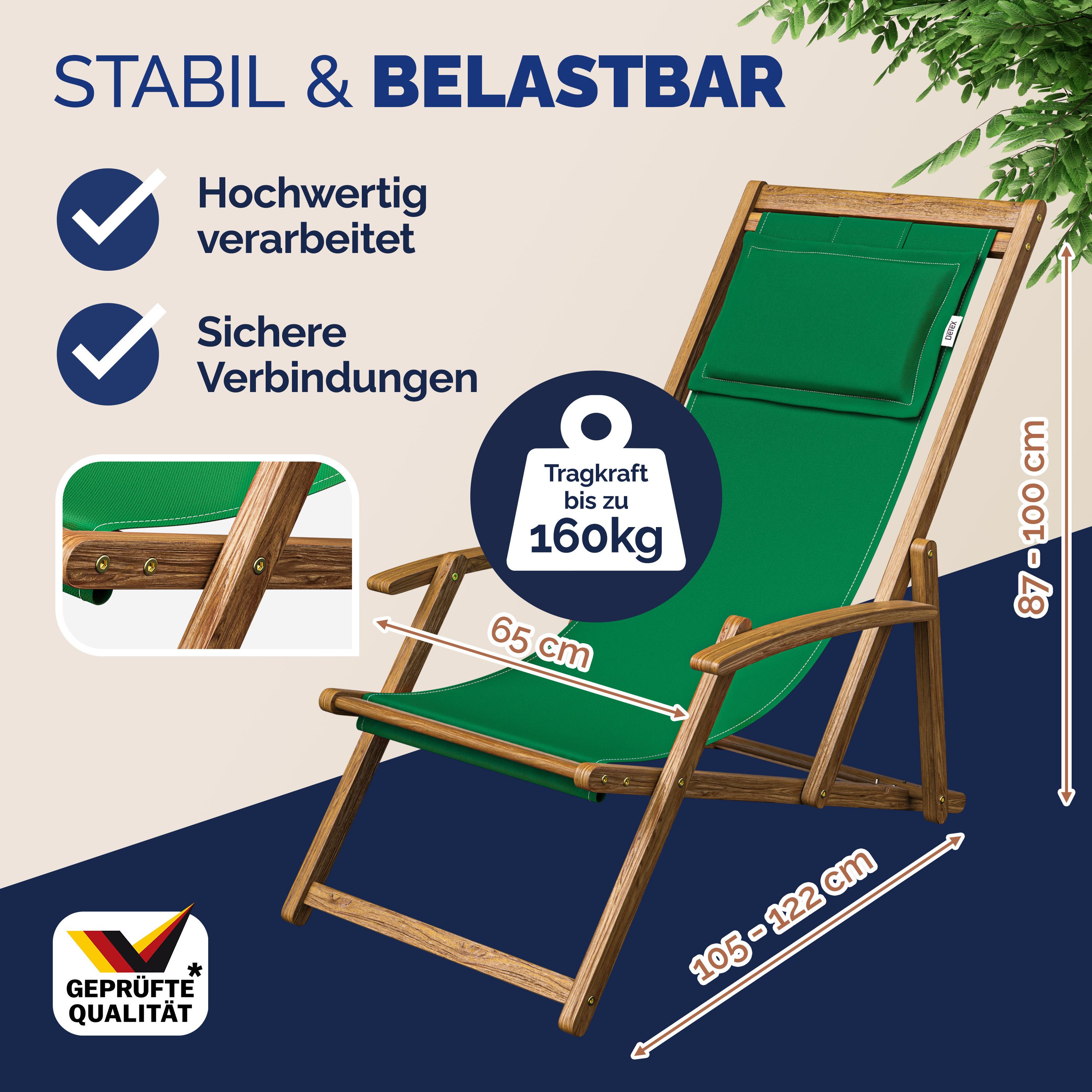 Casaria Gartenliege Grün, 160kg Belastbar Armlehne Nackenkissen Klappbar Verstellbar