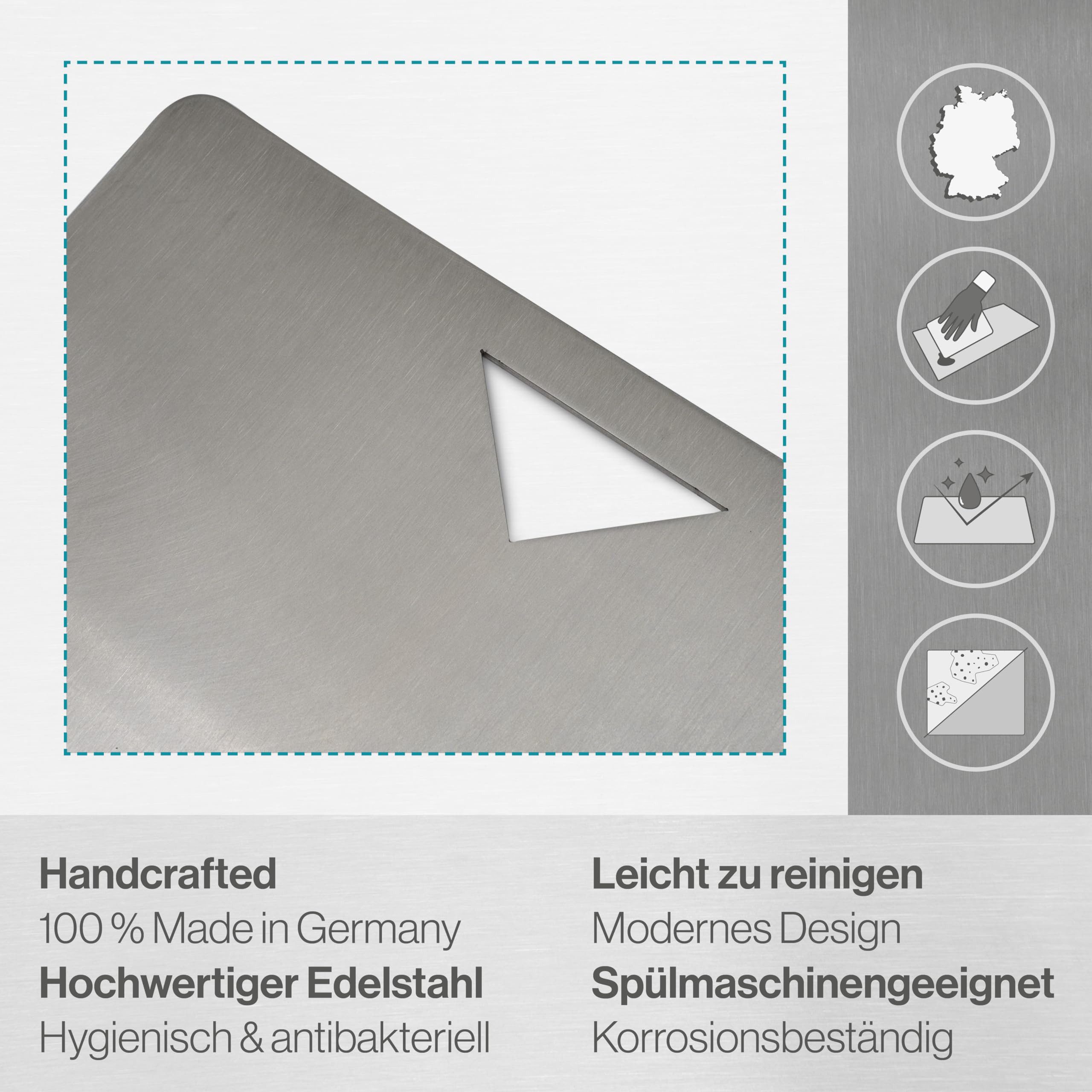 Feuerfest 123 GmbH Schneidebrett Schneidebrett mit Griff aus Edelstahl mini 24x16cm, Edelstahl, (Made in Germany), Ideal für die Küche zum schneiden von Fisch,  – Bild 2 von 5
