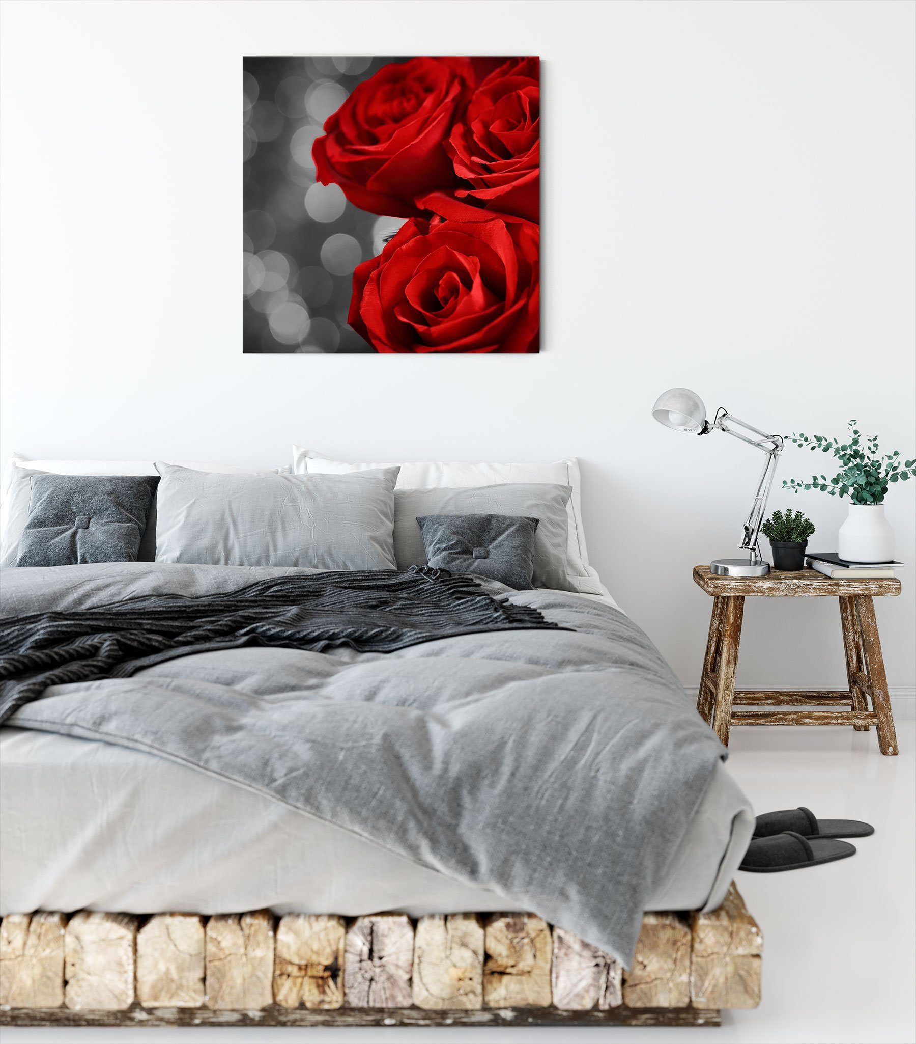 rote (1 Zackenaufhänger Drei fertig St), bespannt, Rosen Leinwandbild inkl. Drei Pixxprint Rosen, rote Leinwandbild