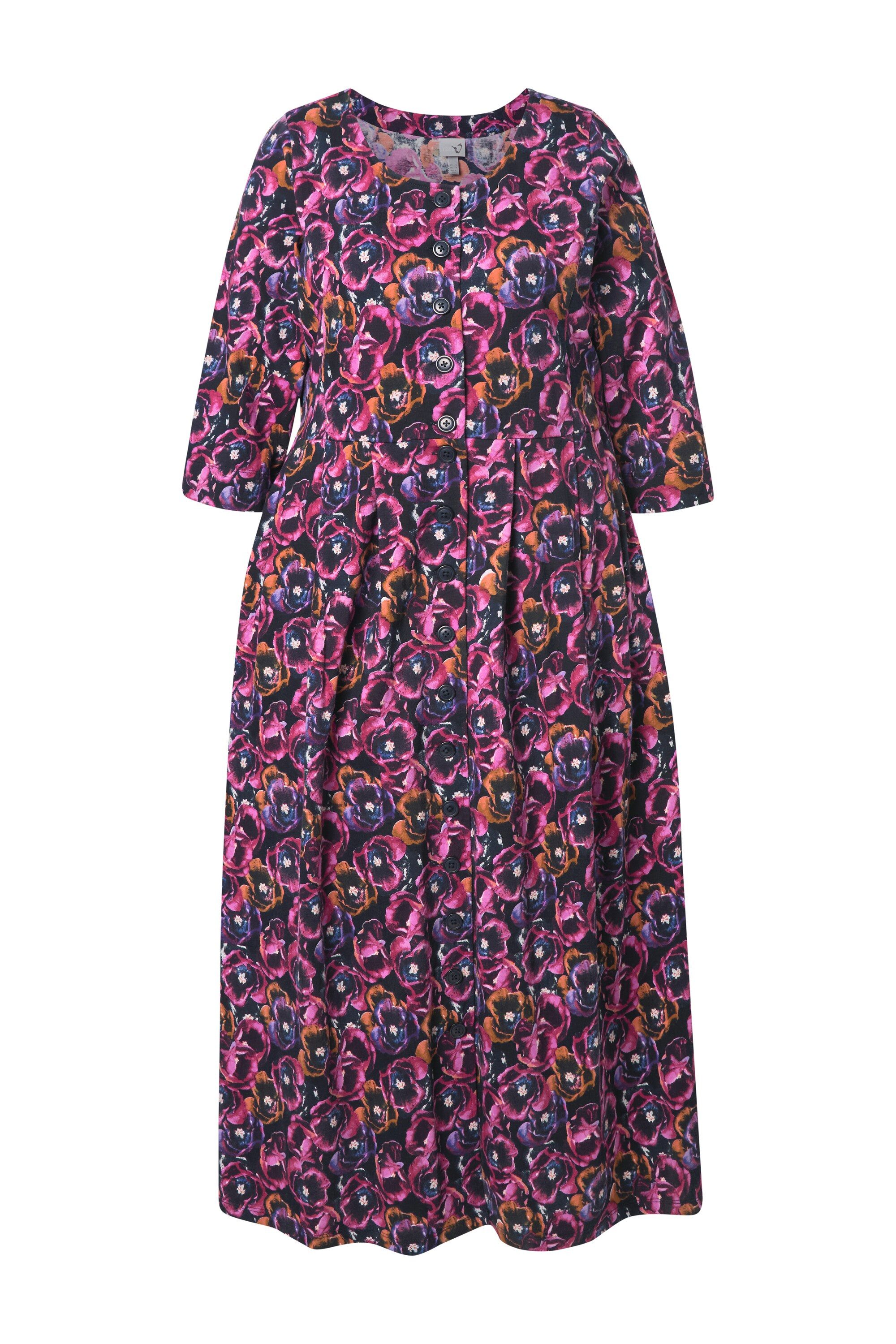Ulla Popken Dirndl Jersey-Maxikleid Blüten Rundhals 3/4-Arm Taschen