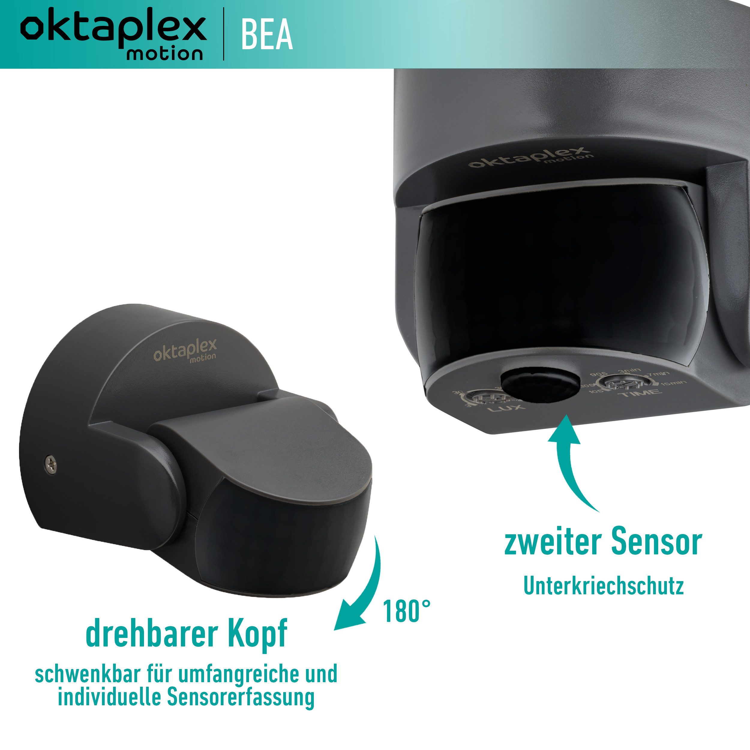 Oktaplex motion Bewegungsmelder Aussen IP65 2 Sensoren, schwenkbar Aufputz 10m Reichweite anthrazit LED geeignet