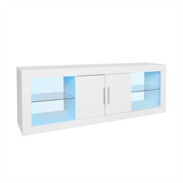autolock TV-Schrank Moderner weißer TV-Ständer für 60"-Fernseher; 16 Farb-LED Bluetooth-Steuerung; Schranktüren, verstellbare Einlegeböden