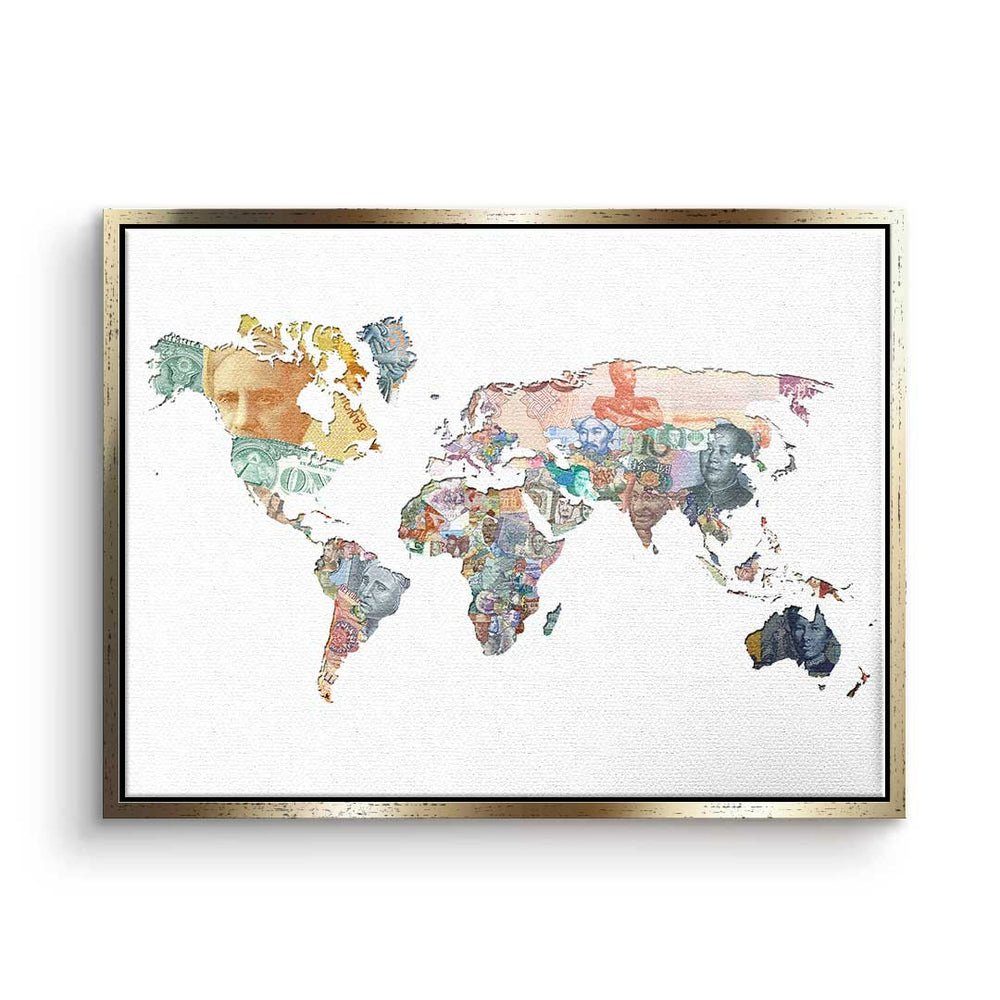 DOTCOMCANVAS® Leinwandbild, Premium Leinwandbild - Pop Art - Geld Regiert Die Welt White Edition goldener Rahmen