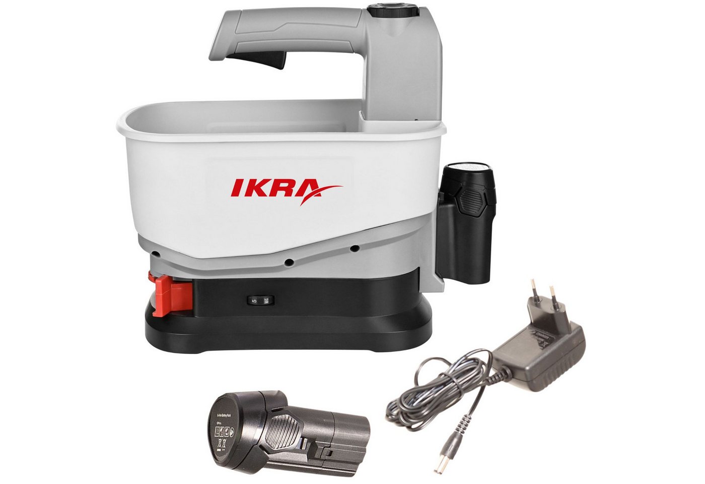 ikra GmbH Streuwagen IAST 12, 4,5 l Füllmenge, (mit Akku & Ladergerät), universaler 12V Akku Handstreuer für Dünger, Saatgut und Streusalz