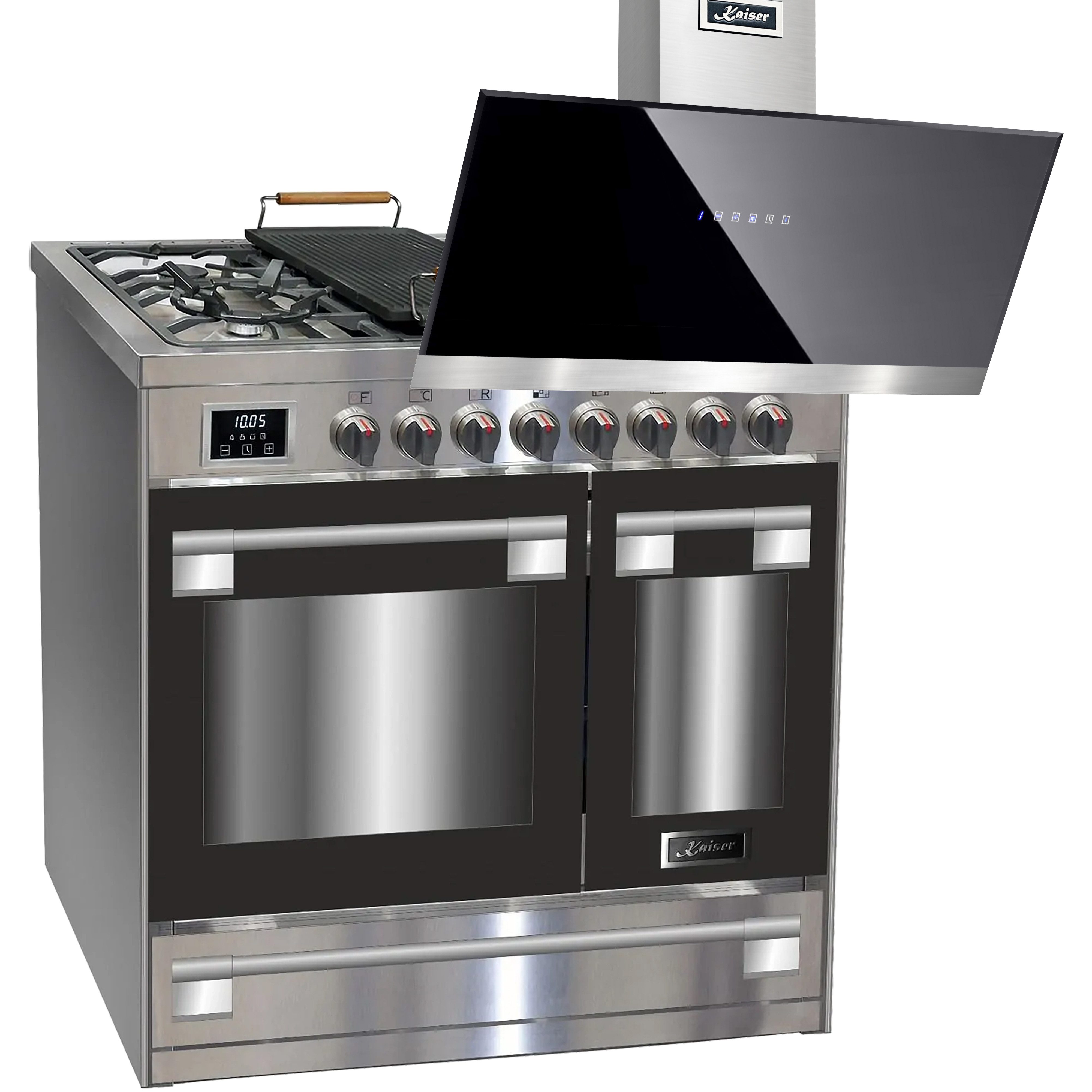 Kaiser Küchengeräte Gasherd-Set Gas Elektro Standherd 90 cm, Edelstahl, Inox, Range Coocker+Dunstabzugshaube 90 cm HGE 93201 R+AT 9440., mit 1-fach-Teleskopauszug