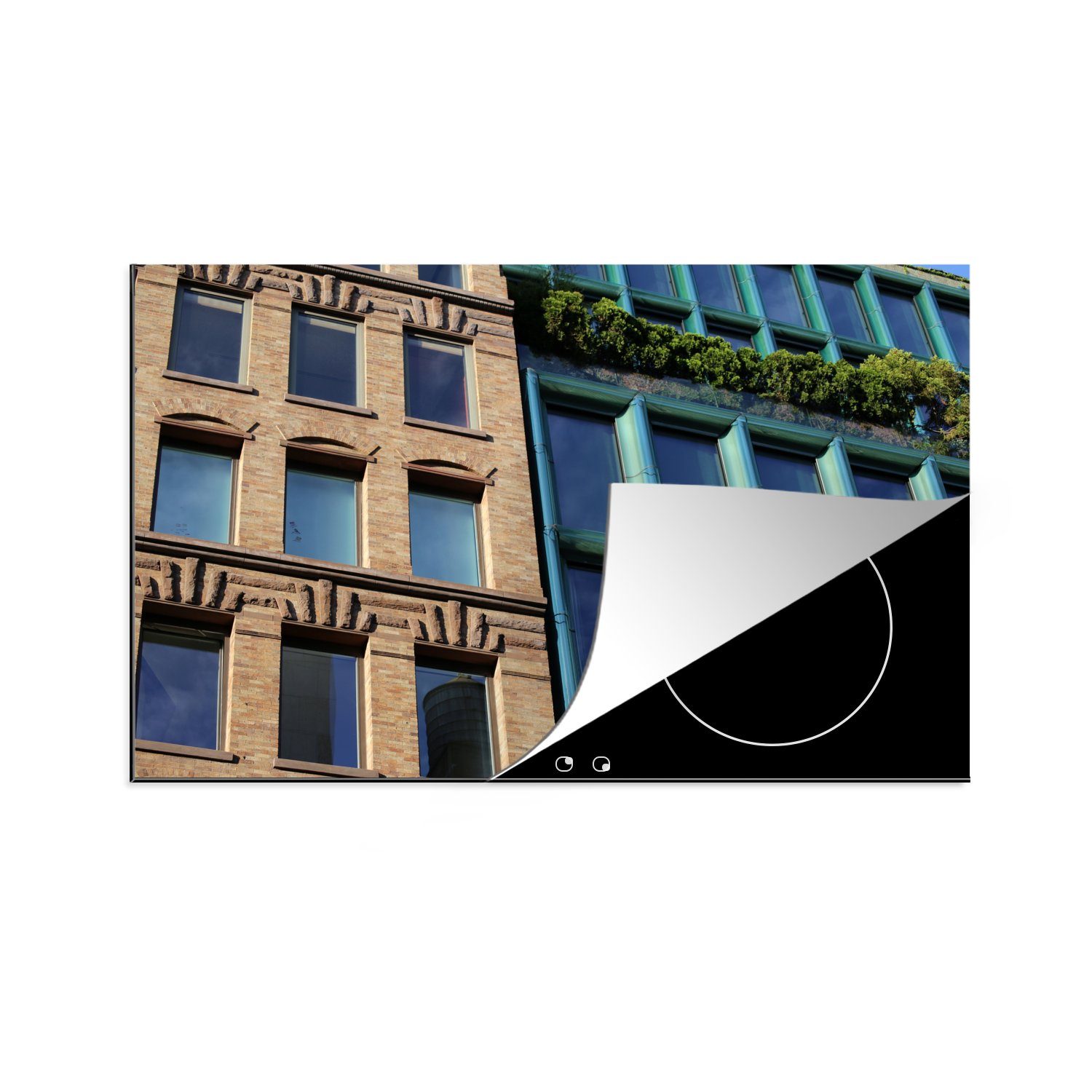 MuchoWow Herdblende-/Abdeckplatte Alte und neue Gebäude in Manhattan, New York, Vinyl, (1 tlg), 81x52 cm, Induktionskochfeld Schutz für die küche, Ceranfeldabdeckung