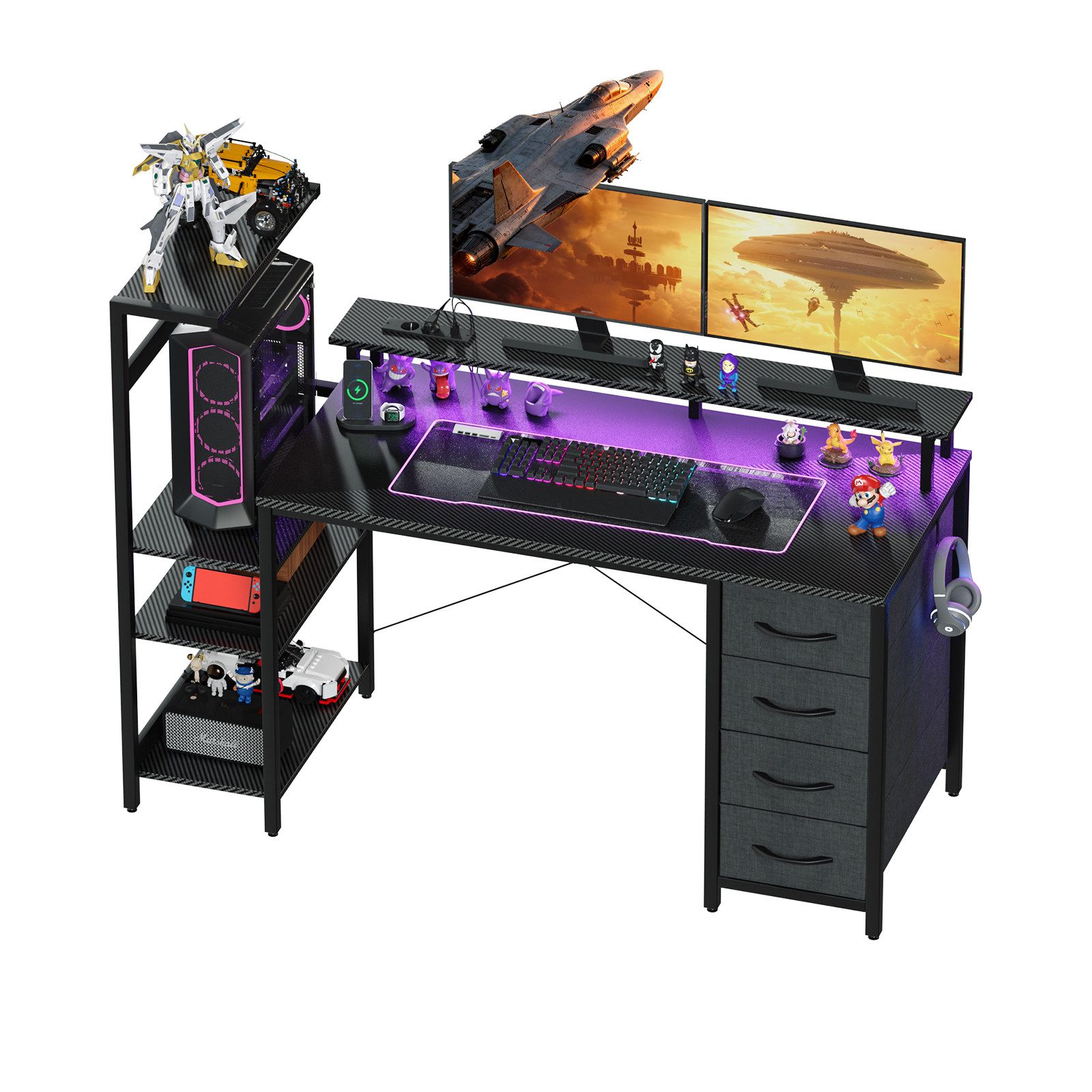 Gamingtisch mit LED-Beleuchtung & Steckdose, Computertisch, Schreibtisch