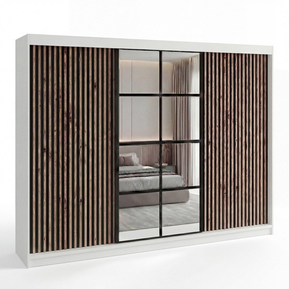 A&J MöbelLand GmbH Schiebetürenschrank NORIVO 200 cm mit 3D-Lamellen und Spiegelfront (TOP ANGEBOT! Geräumiger Schrank mit einer Breite von 200 cm ideal zur Aufbewahrung von Kleidung und Accessoires. Wählen Sie das ideale Modell für Ihr Schlafzimmer!, TOP