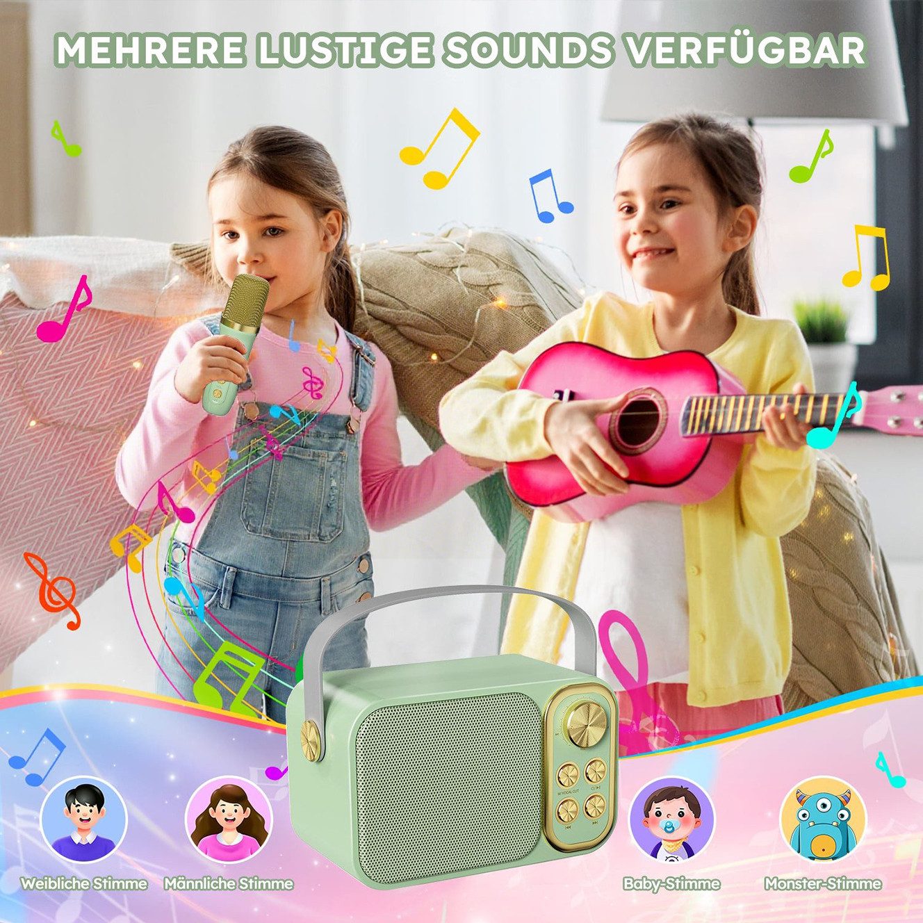 MOPUEA Mikrofon Karaoke Maschine mit 2 Mikrofonen Bluetooth-Lautsprecher (Mini Karaoke Anlage mit 7 Stimmeffekten), Perfekt für Partys und Geburtstage