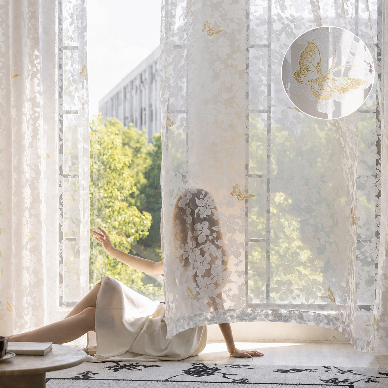 Rosnek Gardine Vorhang 2er-Set, Voile Gardinen weiß, transparent, Blatt-Jacquard, 100 % Polyester, 60 g/m², für Wohnzimmer, Schlafzimmer & Kinderzimmer