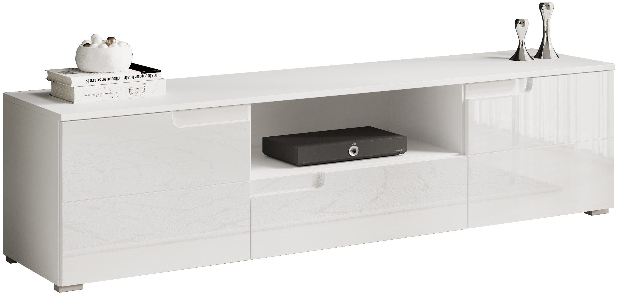 HBZ Lowboard Spice weiß Hochglanz, TV Schrank bis 65 Zoll, BxHxT 165x42x40 cm (1 St), Mit 2 Türen, 1 Schubkasten, 1 Kabeldurchführung, 1 offenes Fach
