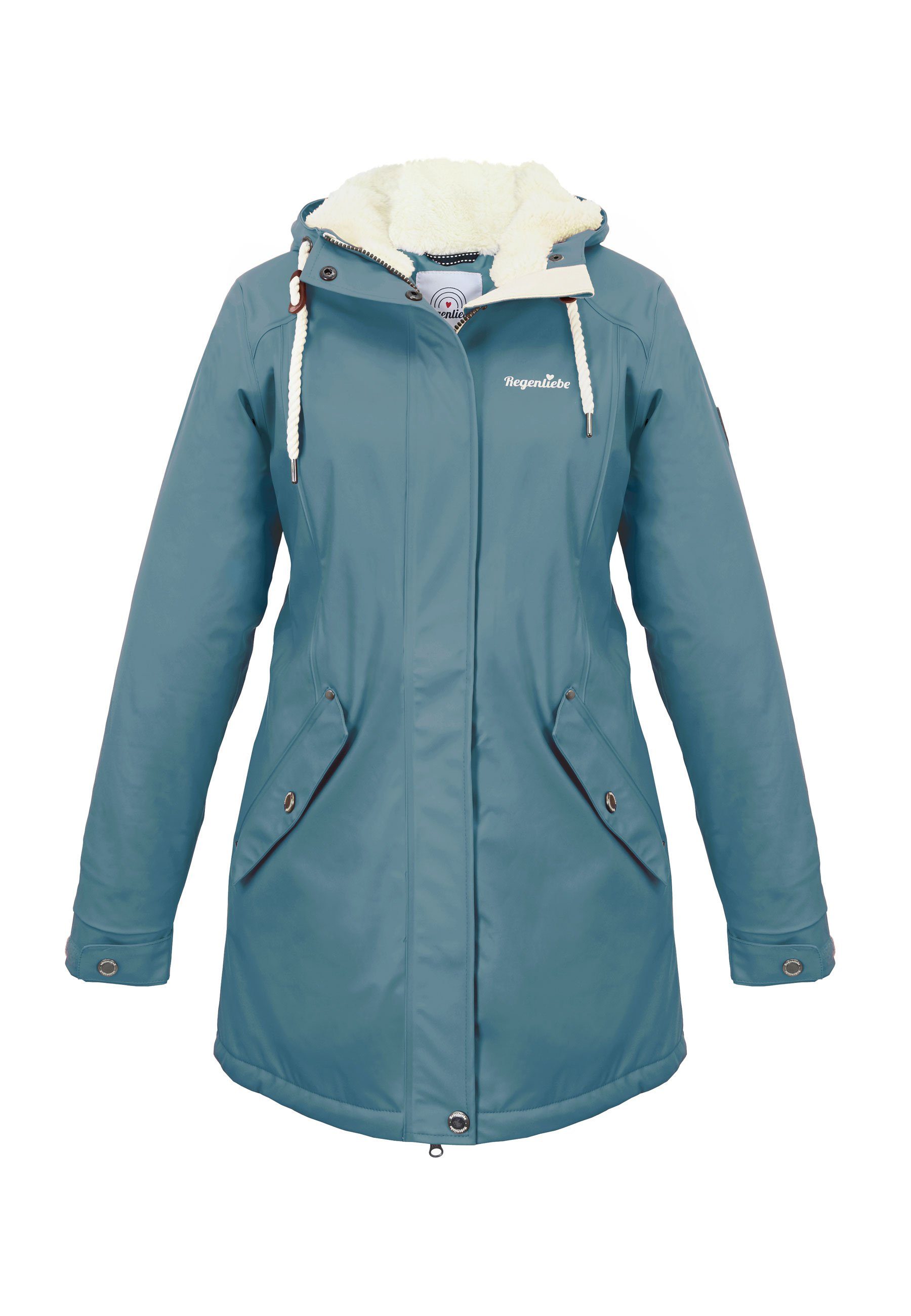 Regenliebe Winterjacke Friesennerz Regenparka mit Teddyfleece gefüttert petrolblau