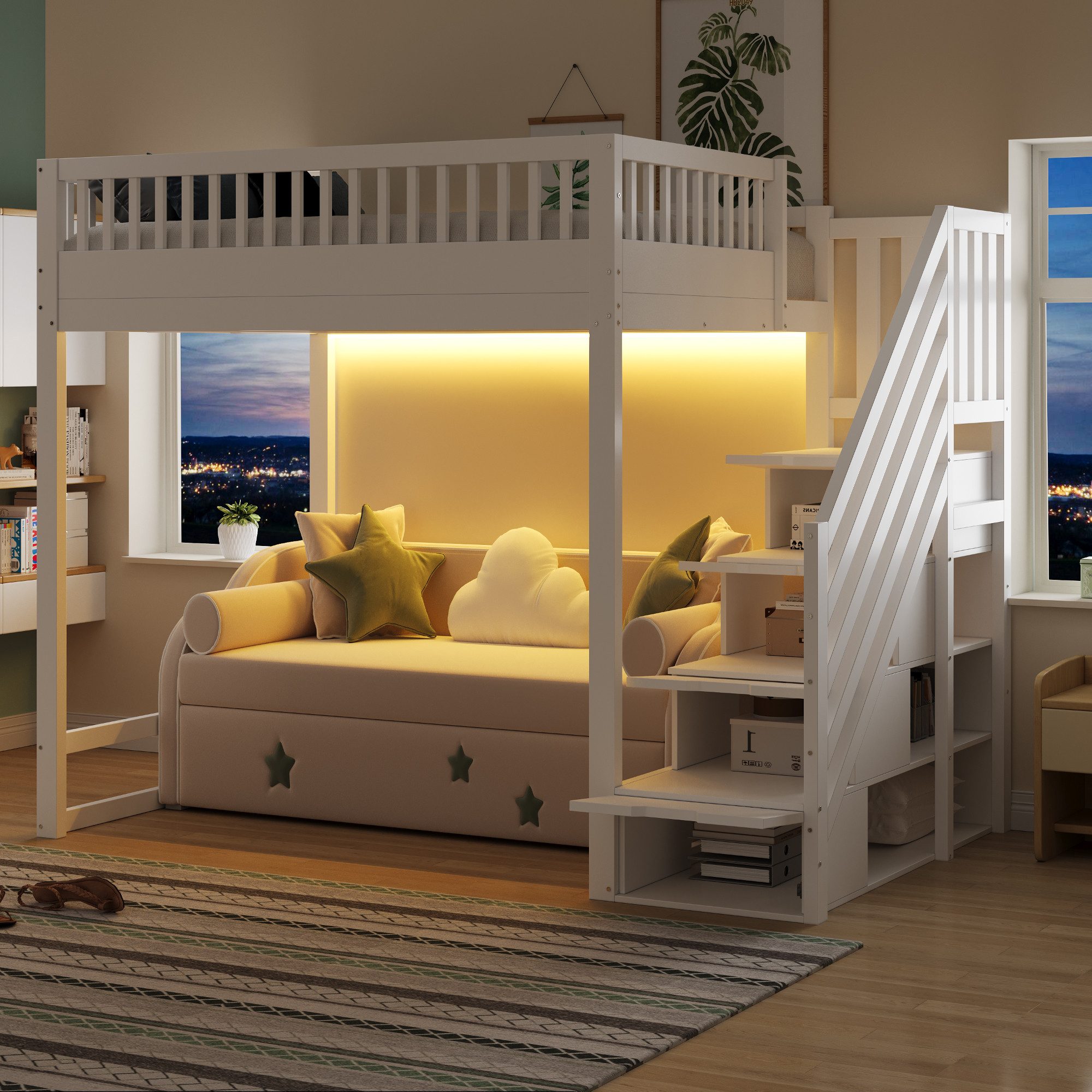 OKWISH Hochbett Jugendbett Holzbett (mit LED-Lichtleiste, Sicherheitsgeländer und beidseitig montierbarer Leiter, 140x200 cm) ohne Matratze