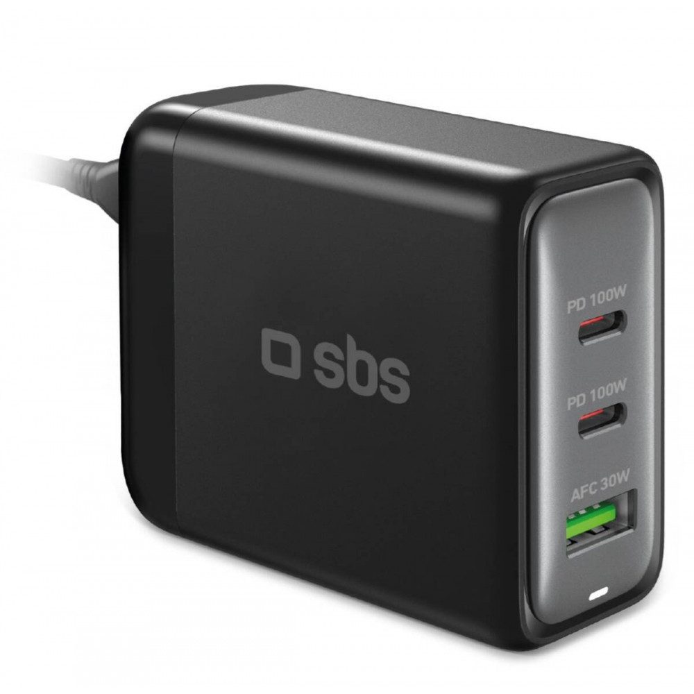 sbs SBS Ladestation GaN 100W Schwarz für schnelles Laden. Ladestation (Ladegerät, Universell für alle USB-Geräte geeignet, Schwarzes, elegantes Design)