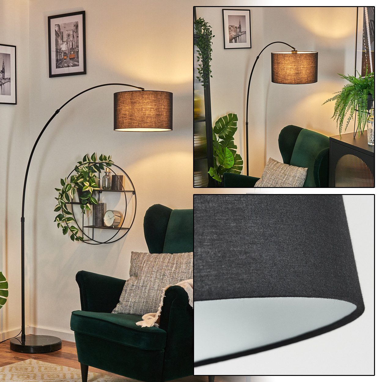 hofstein Bogenlampe Stehlampe mit Marmorfuß aus Metall/Stoff in Schwarz/Weiß, verstellbare Stehleuchte im modernen Design, Ø 35 cm, Fußschalter, E27