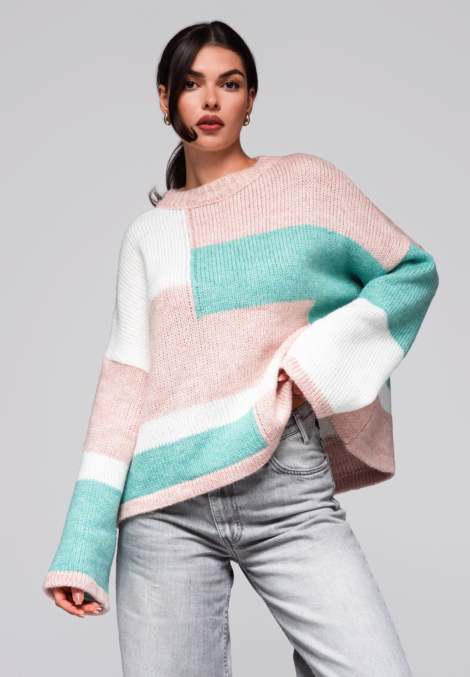 OMBRE Rundhalspullover Farbblock-Pullover mit Pastelltönen