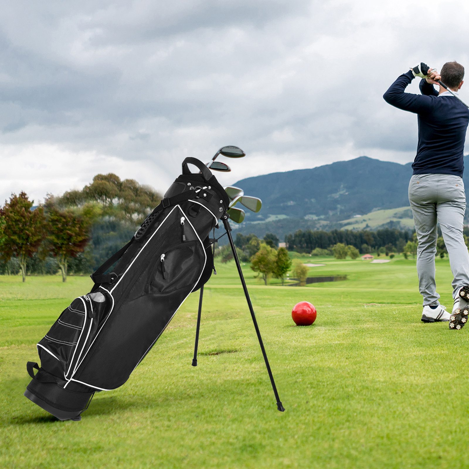 COSTWAY Golftrolley + Golfbag Golfbag, für Max. 4 Schläger, mit Ständer