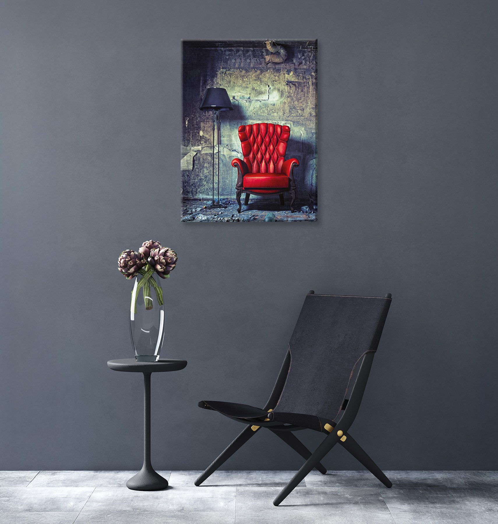 Bönninghoff Leinwandbild Wandbild ROTER SESSEL 46x61 cm – Leinwandbild Keilrahmen Deko modern, Innenarchitektur, Vintage (1 St), auf Keilrahmen gespannt – Bild 4 von 5