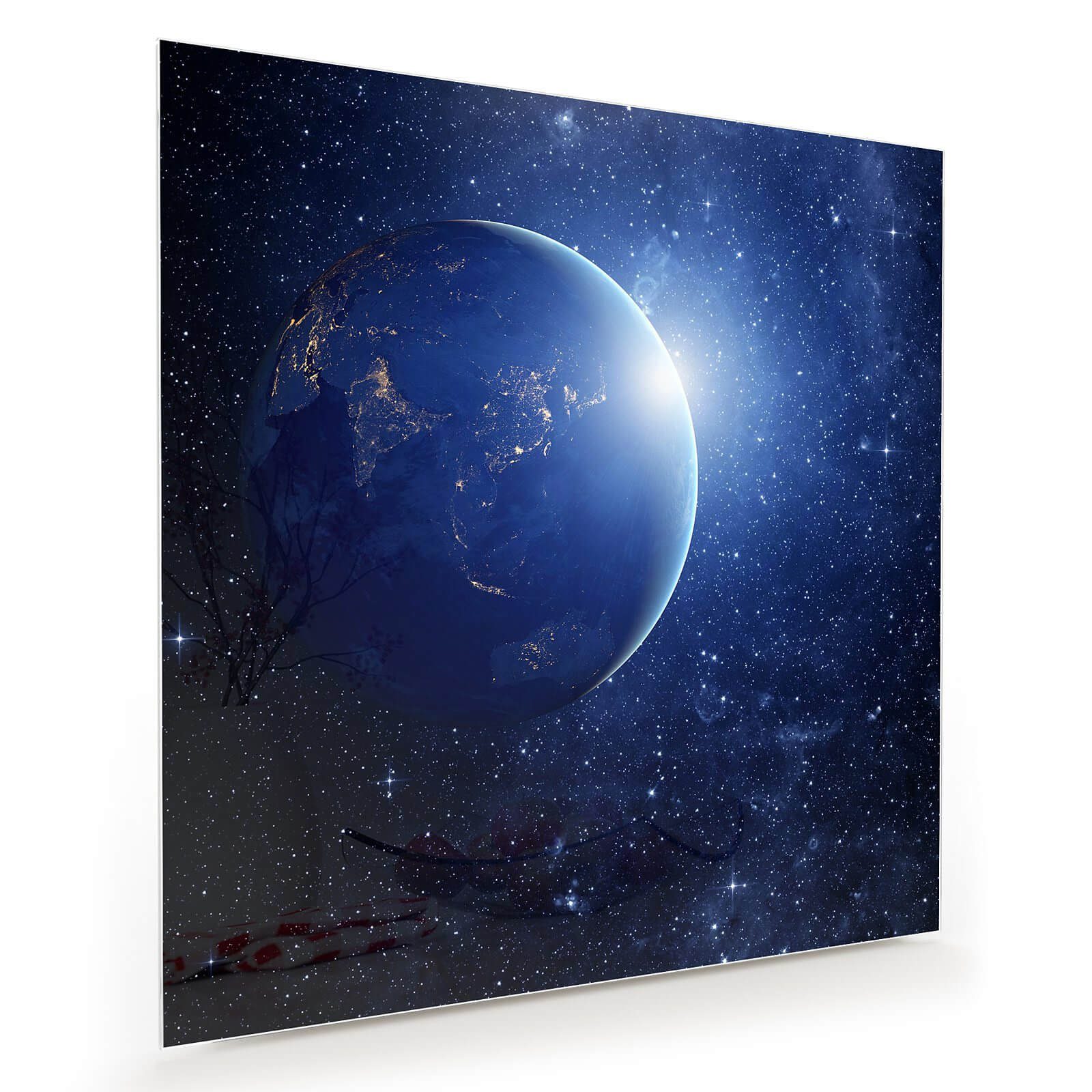 Primedeco Glasbild Wandbild Quadratisch Bild der Sterne und Planet mit Aufhängung, Weltall