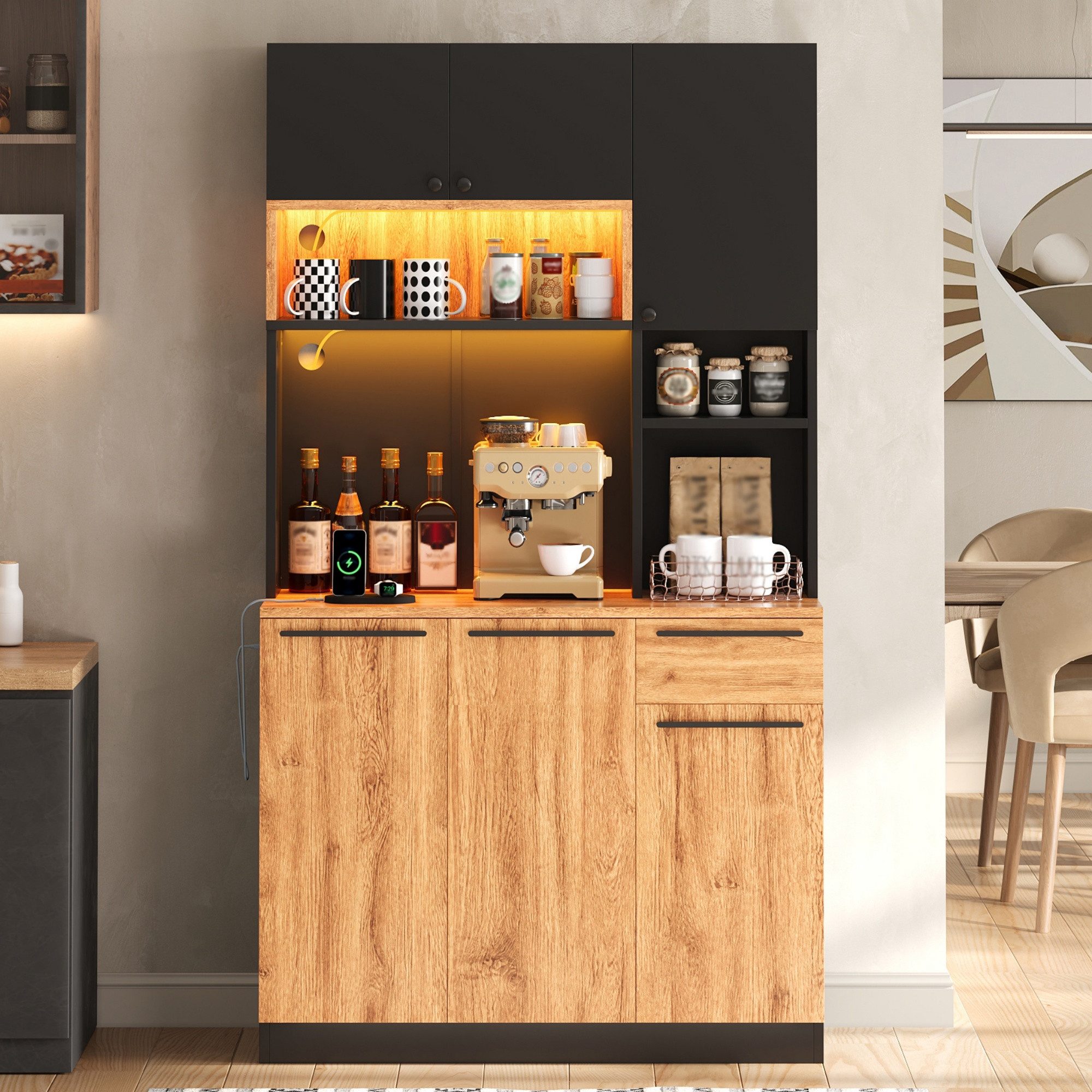 Flieks Küchenbuffet Hochschrank mit Arbeitsplatte Holzoptik, LED-Beleuchtung, Steckdosen (Multifunktionsschrank mit Ladenfunktion & verstellbaren Einlegeböden,  – Bild 3 von 5