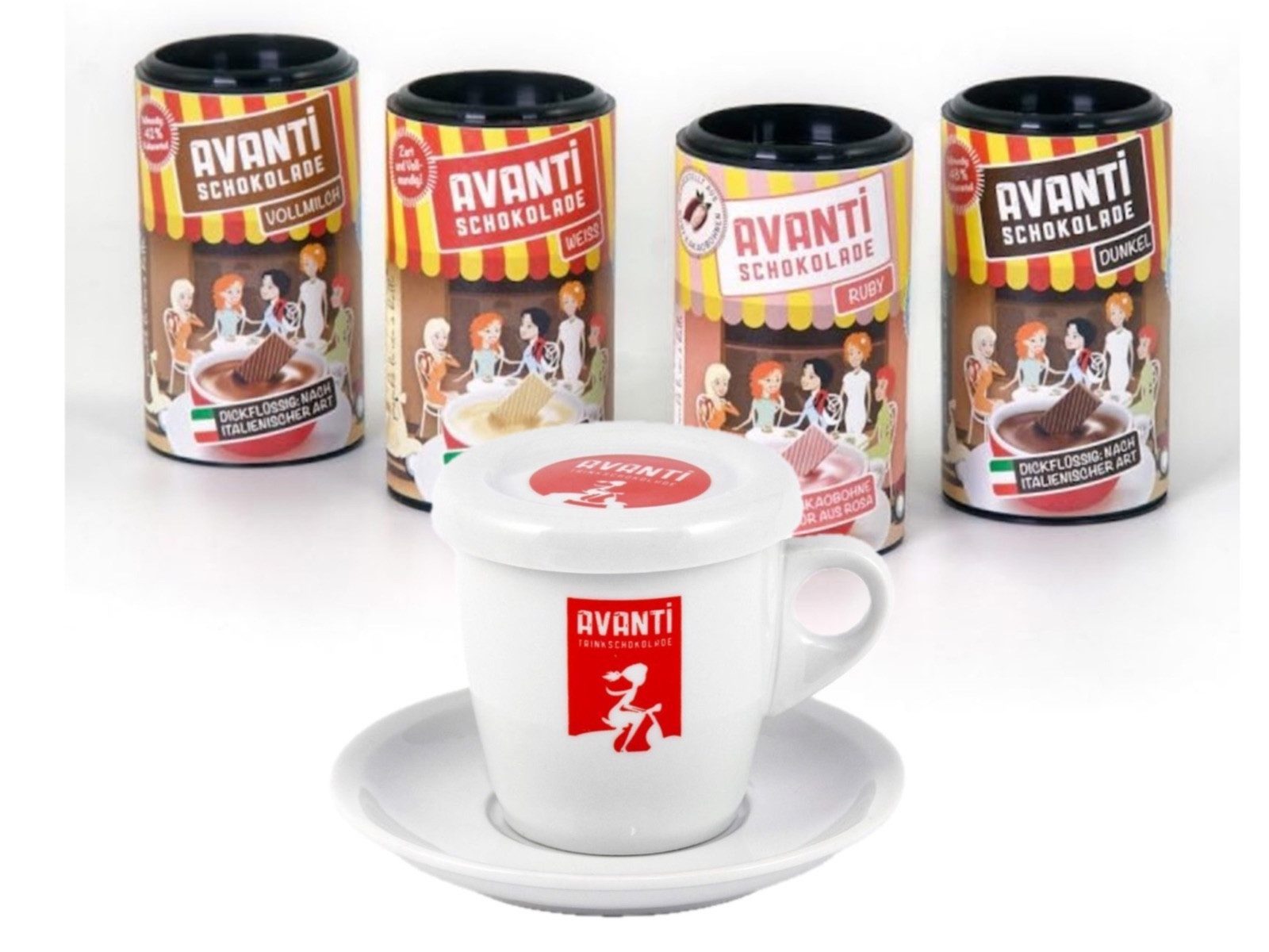 LK Trend & Style Tasse Geschenkset Schokoladentasse + 4er Probierset Trinkschokolade, Porzellan, Wenn Gutes von AVANTI drin ist, dann kann auch AVANTI draufstehen!