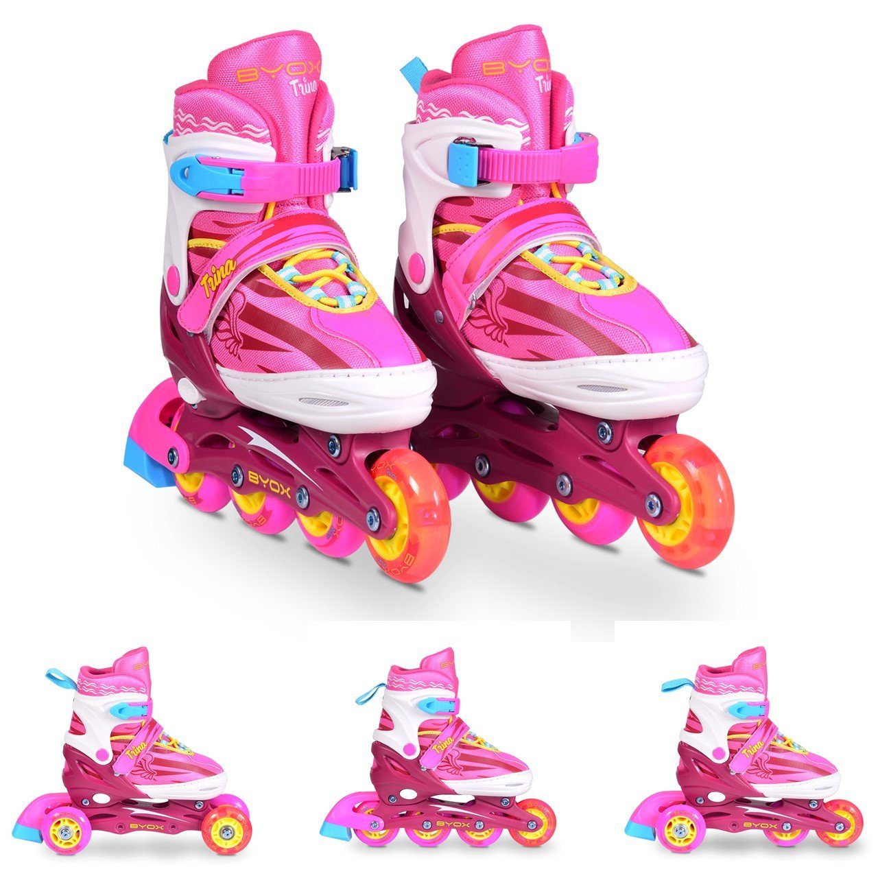 Byox Inlineskates Inliner Kinder Trina 3 in 1, Größe M 34-37 verstellbar, PU Rollen, 608ZB Lager