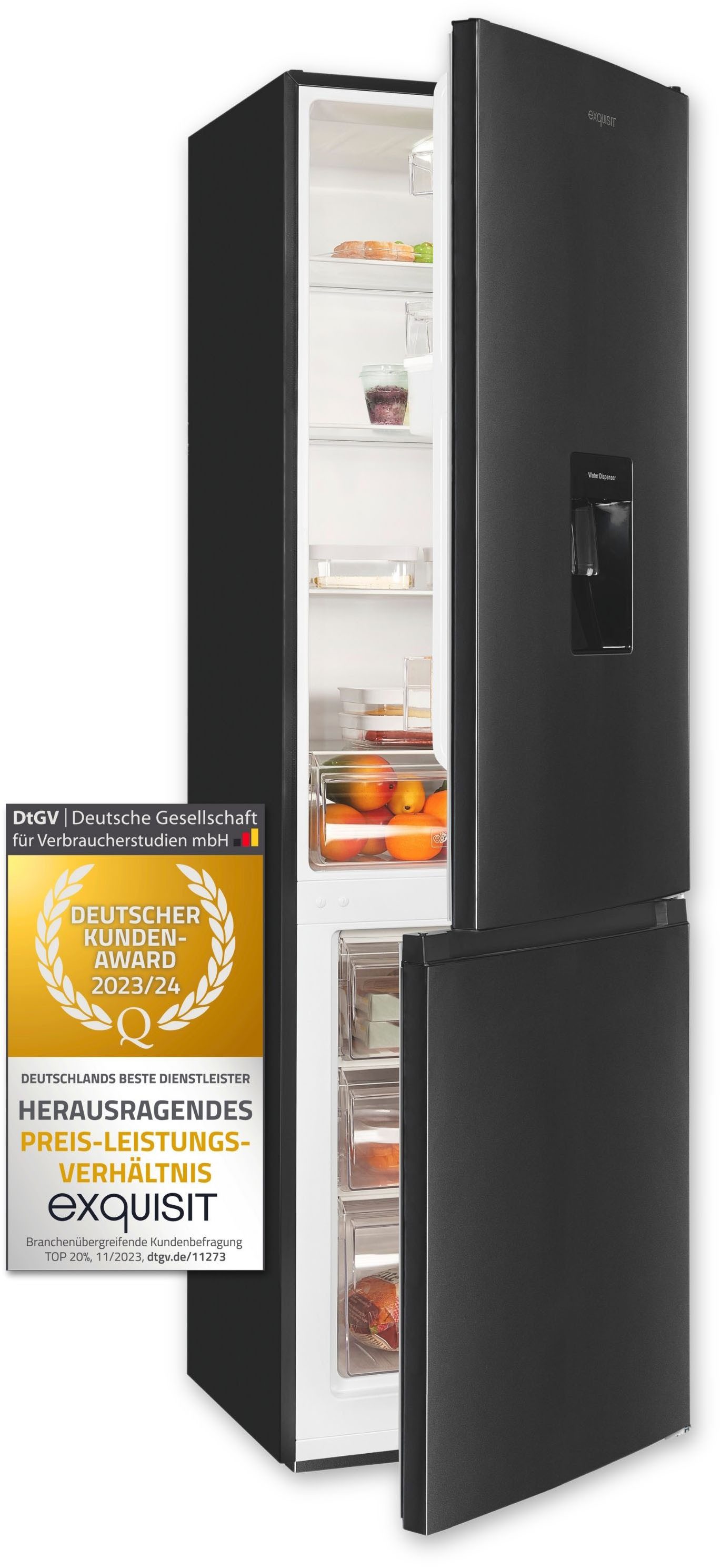exquisit Kühl-/Gefrierkombination KGC265-70-WS-040D inoxlook-az, 179,5 cm hoch, 55 cm breit, 260 Liter Nutzinhalt, Wasserspender, 4 Sterne Gefrieren