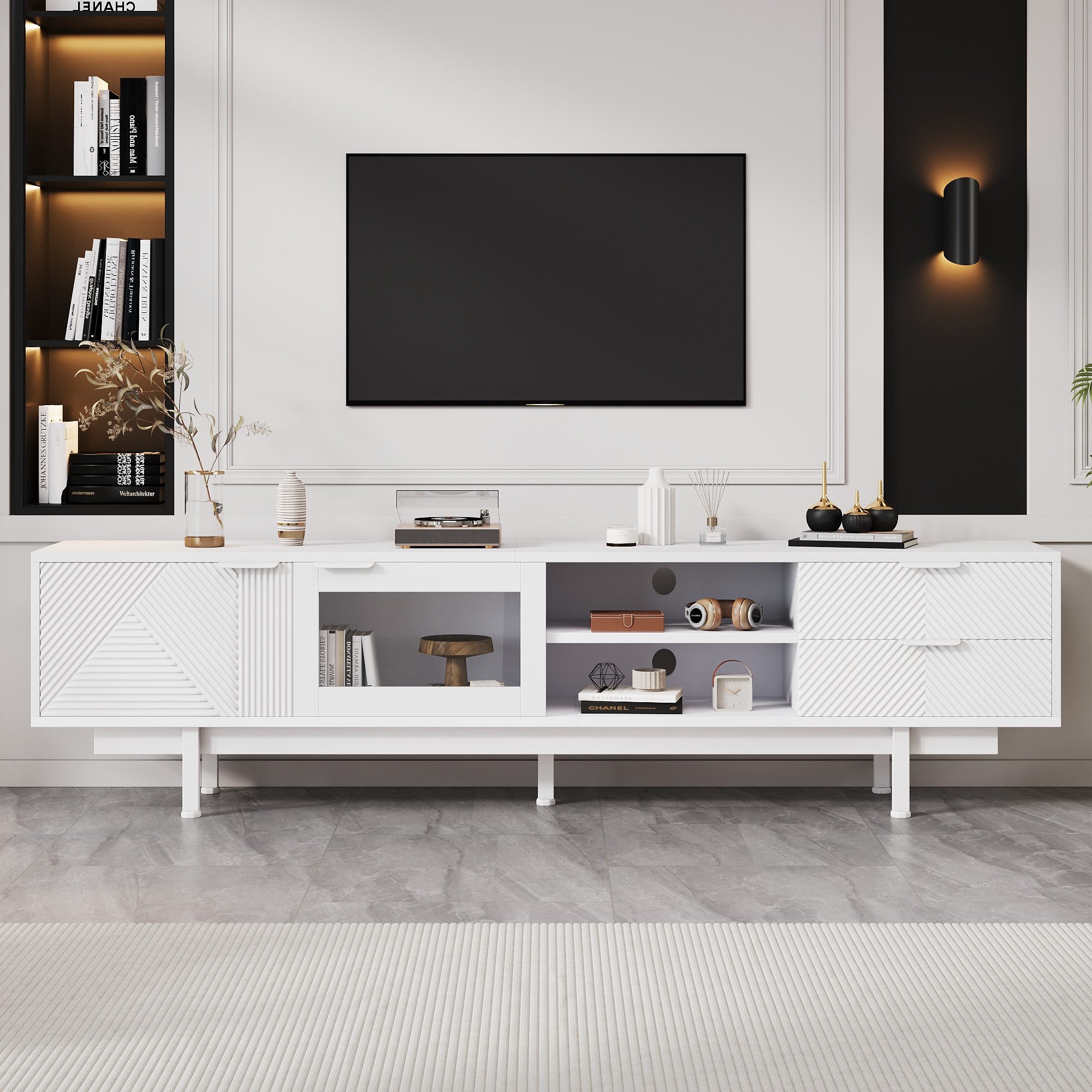 KLAM HOME Lowboard Lowboard Mit 2 Türen und 2 Schubladen,TV-Ständer mit großem Stauraum (200*40*50.5 cm moderner einfacher Fernsehschrank), Wohnraumschrank mit Gesamttragkraft von 45kg,Geeignet für 80-Zoll