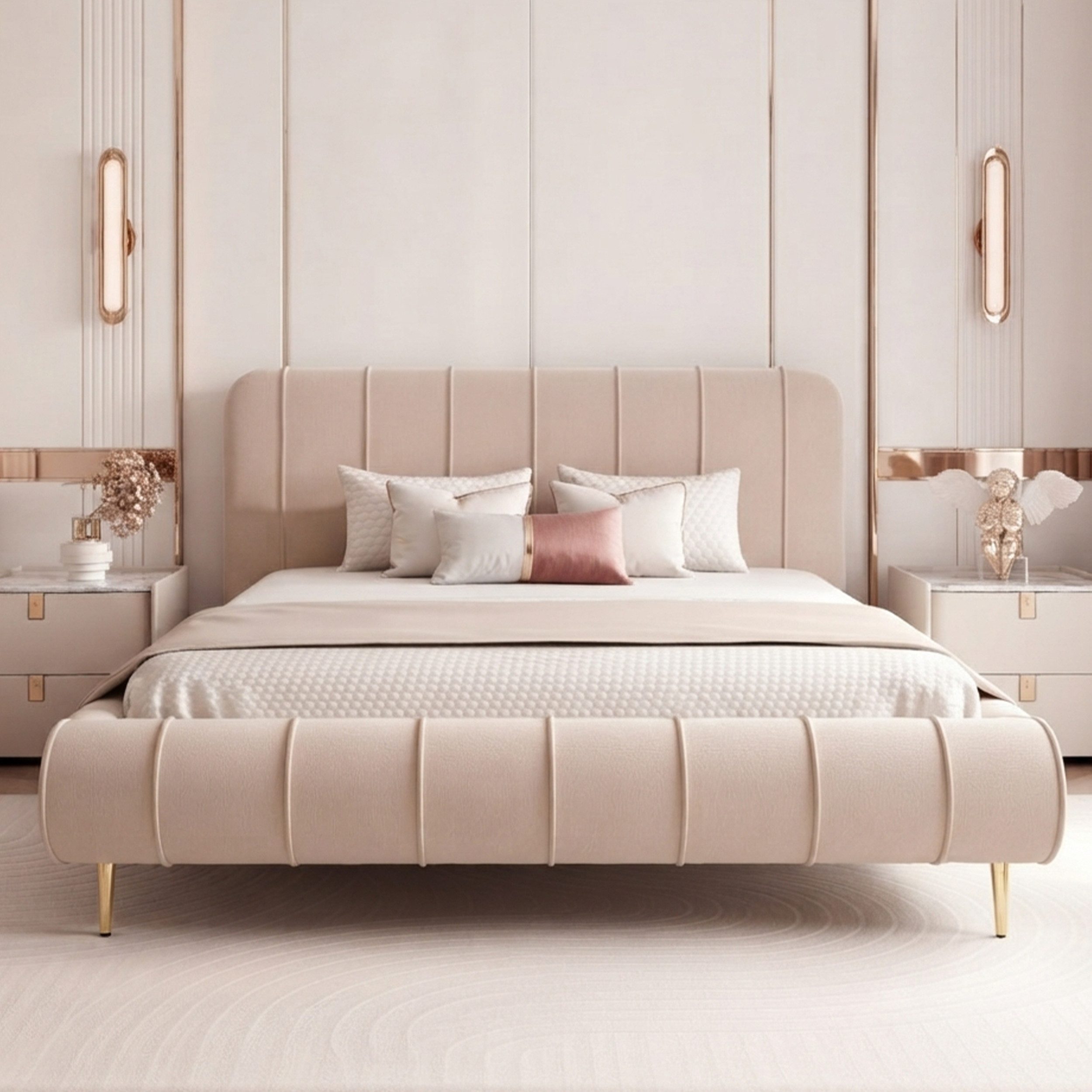 Goldstoff Polsterbett Elegantes Stoffbett "FIRENZE" mit hohem Kopfteil und großem Bettkasten (120–200x200 cm, Kopfteilhöhe 70/100 cm, Seitenhöhe: 25/40 cm), Komfortables Stoffbett mit Stauraum und verstellbarem Kopfteil